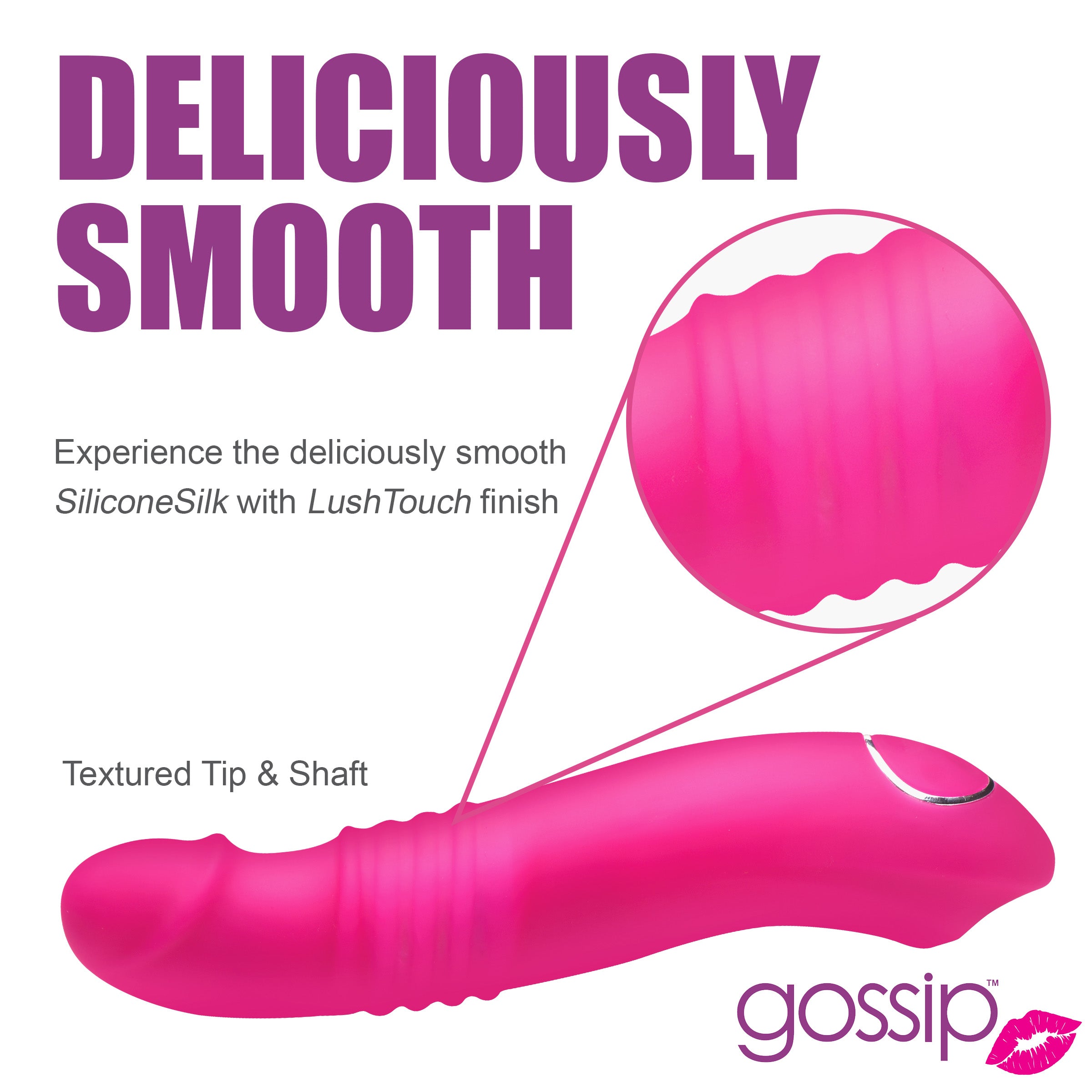 Gossip Blasters 10X Thrusting Silicone Vibrator in vibrant magenta, showcasing its curved design and textured surface for enhanced pleasure.