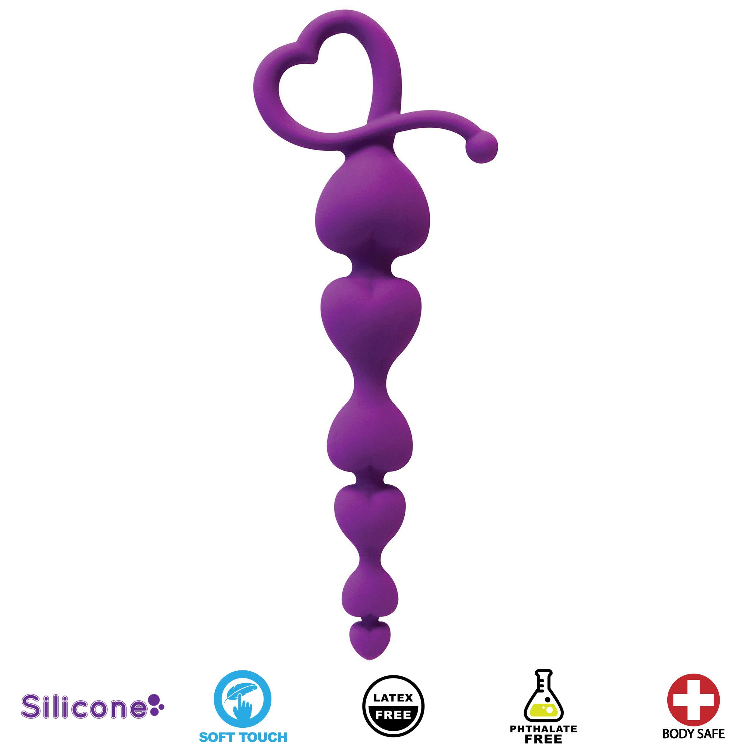 Gossip Hearts on a String Violet Anal Beads made of soft silicone with a heart-shaped pull cord, designed for comfort and pleasure.