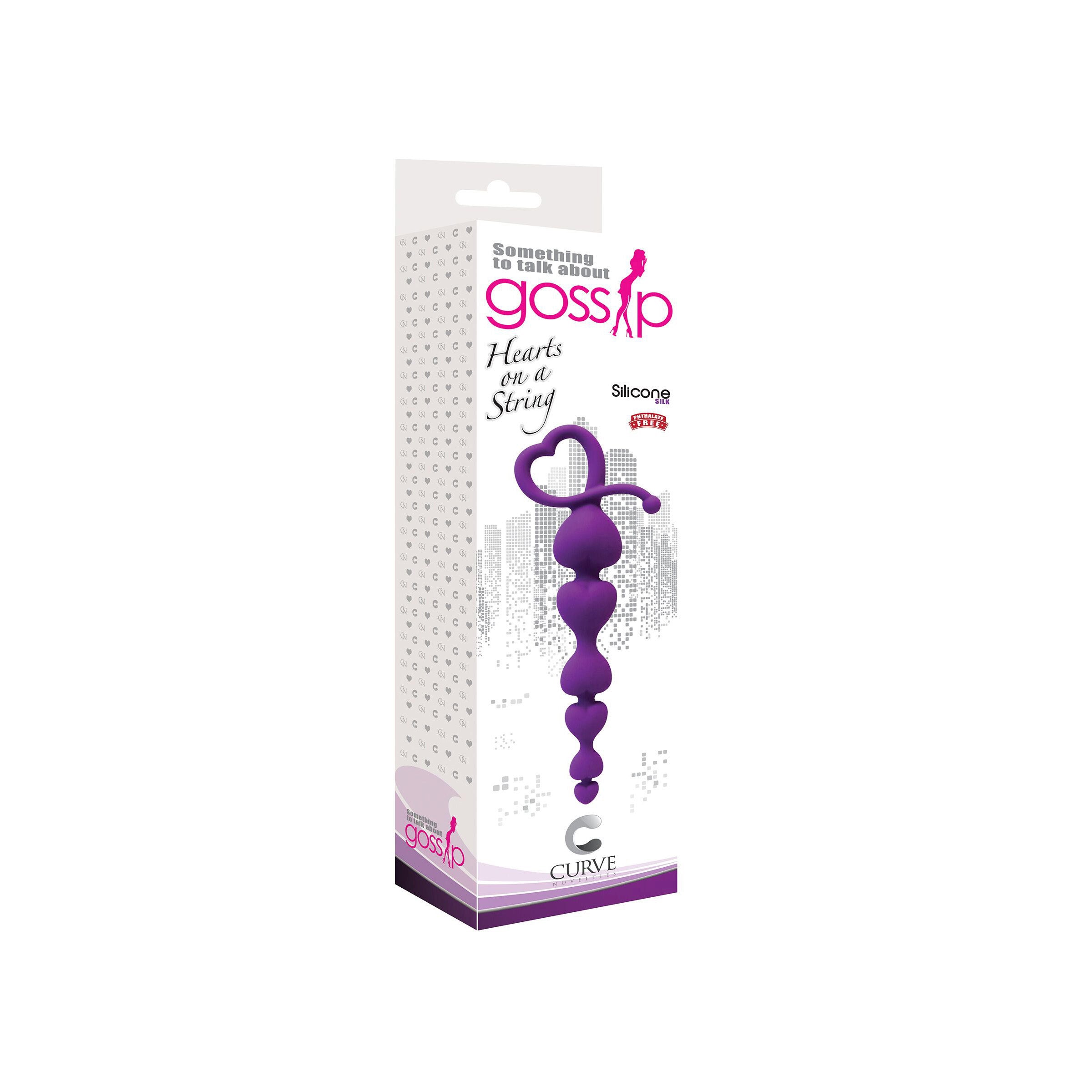 Gossip Hearts on a String Violet Anal Beads made of soft silicone with a heart-shaped pull cord, designed for comfort and pleasure.