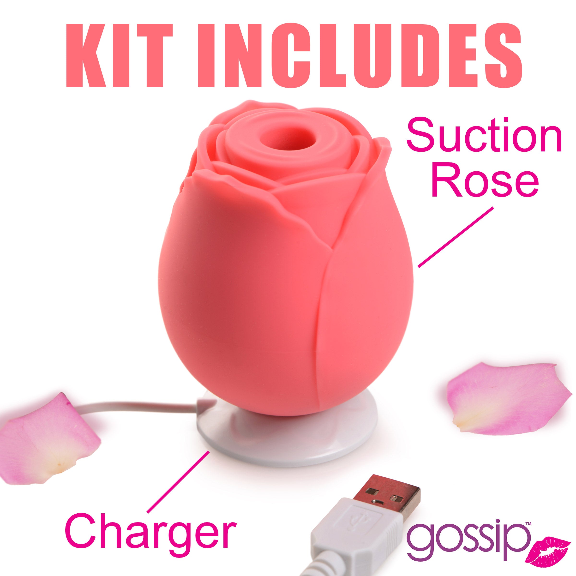 Gossip Rose Crave 10X Silicone Clit Stimulator in coral color, shaped like a rose, designed for clitoral suction with a sleek and ergonomic design.