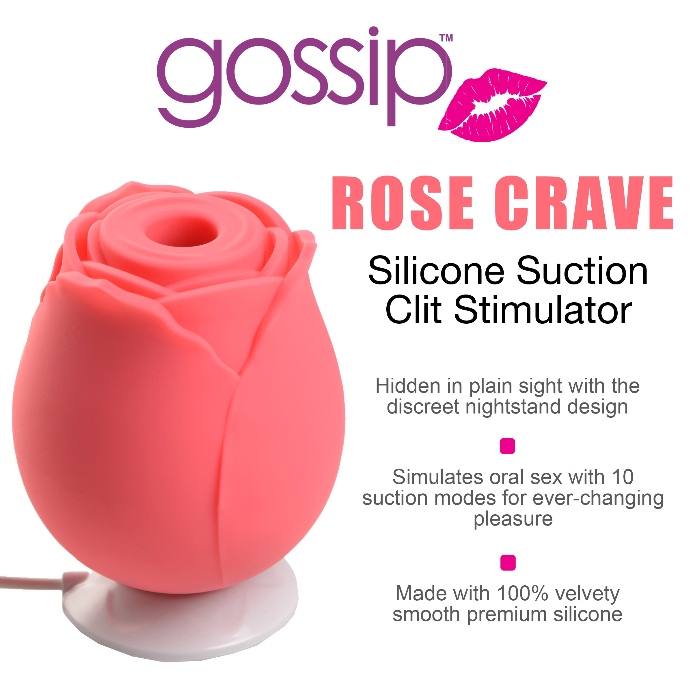 Gossip Rose Crave 10X Silicone Clit Stimulator in coral color, shaped like a rose, designed for clitoral suction with a sleek and ergonomic design.