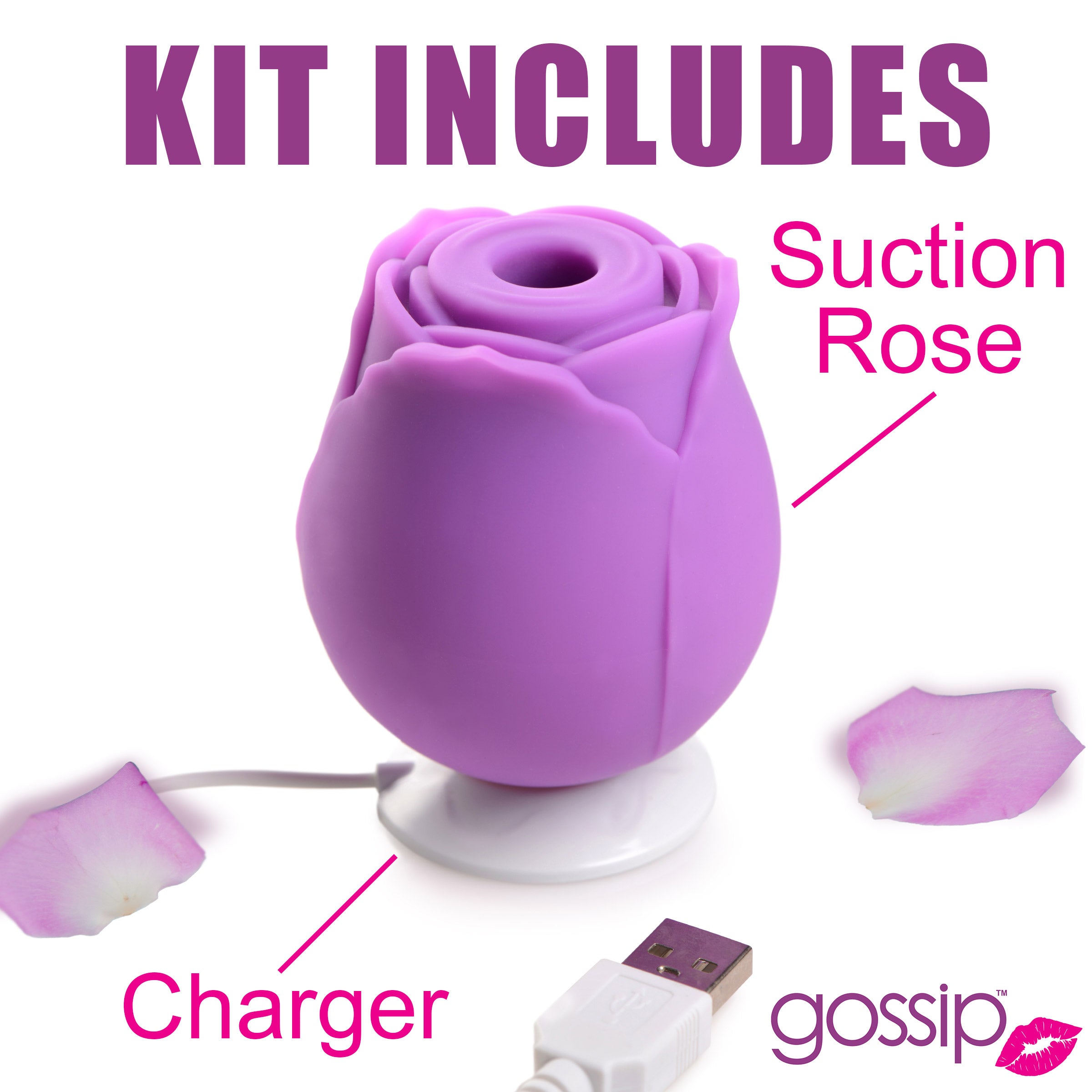 Gossip Rose Flirt 10X Silicone Clit Stimulator in violet color, shaped like a rose, designed for clitoral suction pleasure.