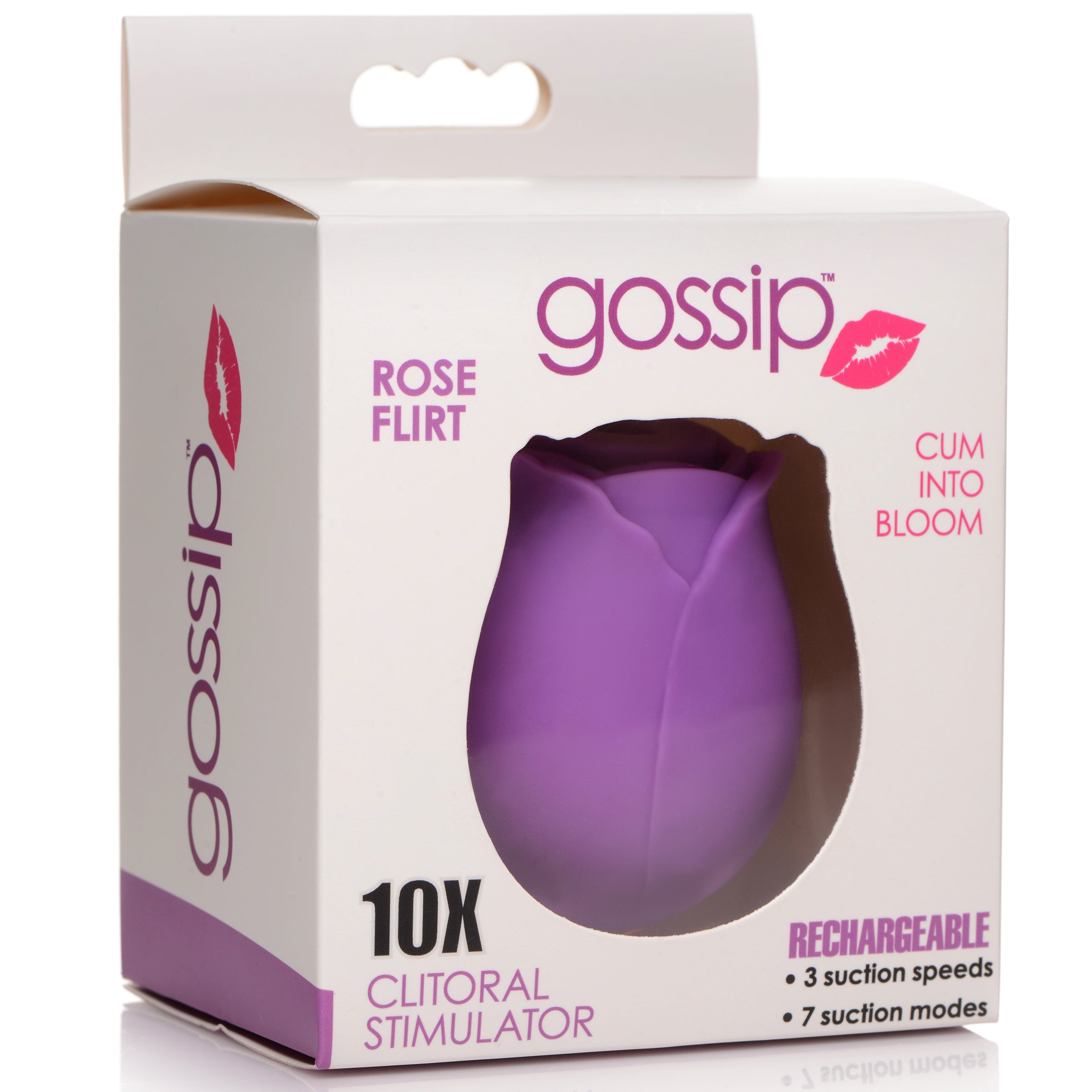 Gossip Rose Flirt 10X Silicone Clit Stimulator in violet color, shaped like a rose, designed for clitoral suction pleasure.