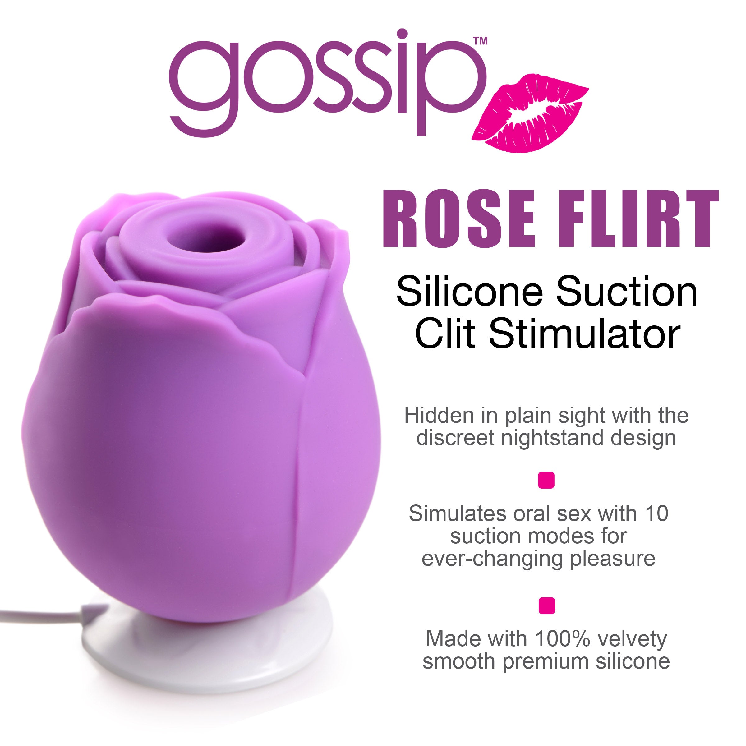 Gossip Rose Flirt 10X Silicone Clit Stimulator in violet color, shaped like a rose, designed for clitoral suction pleasure.