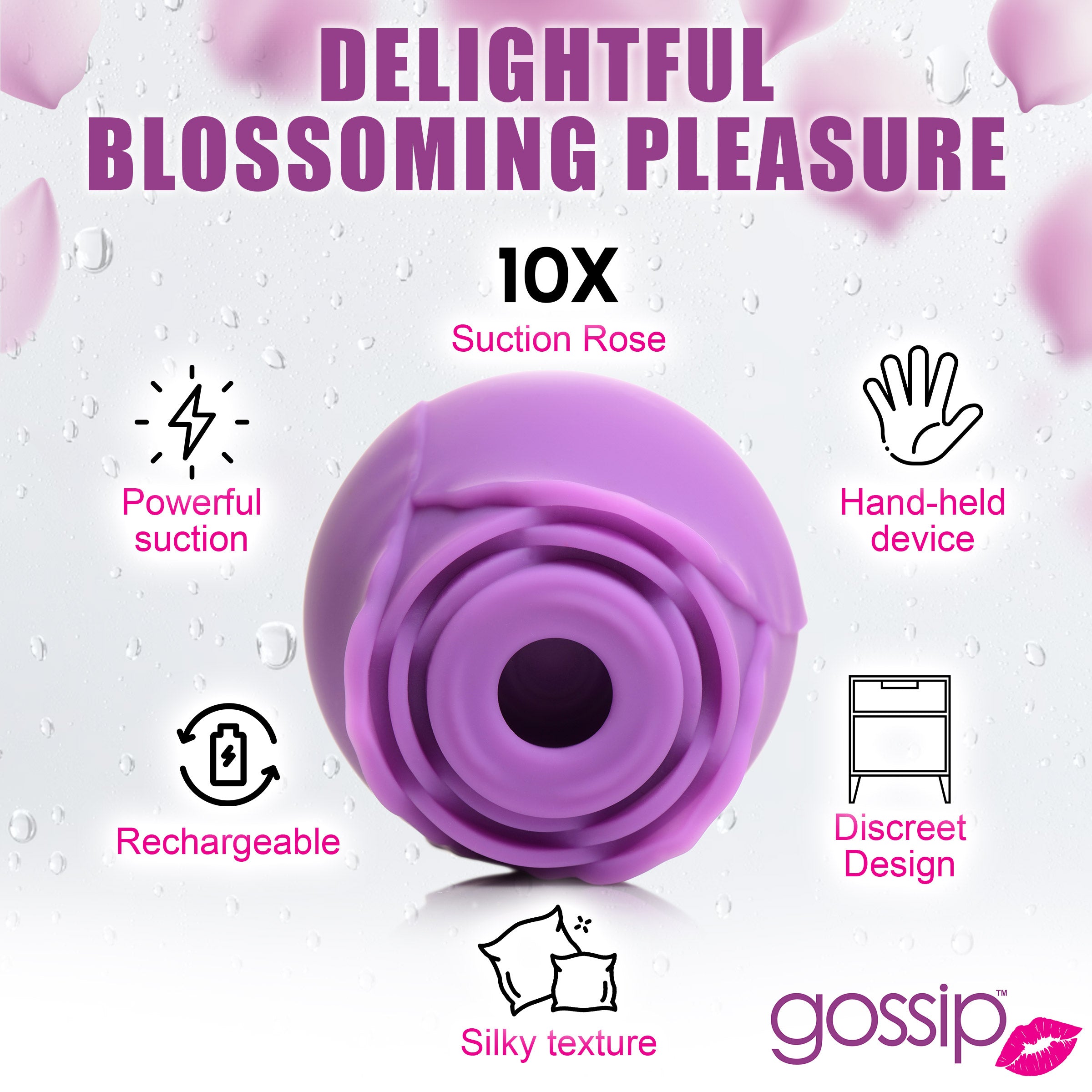 Gossip Rose Flirt 10X Silicone Clit Stimulator in violet color, shaped like a rose, designed for clitoral suction pleasure.