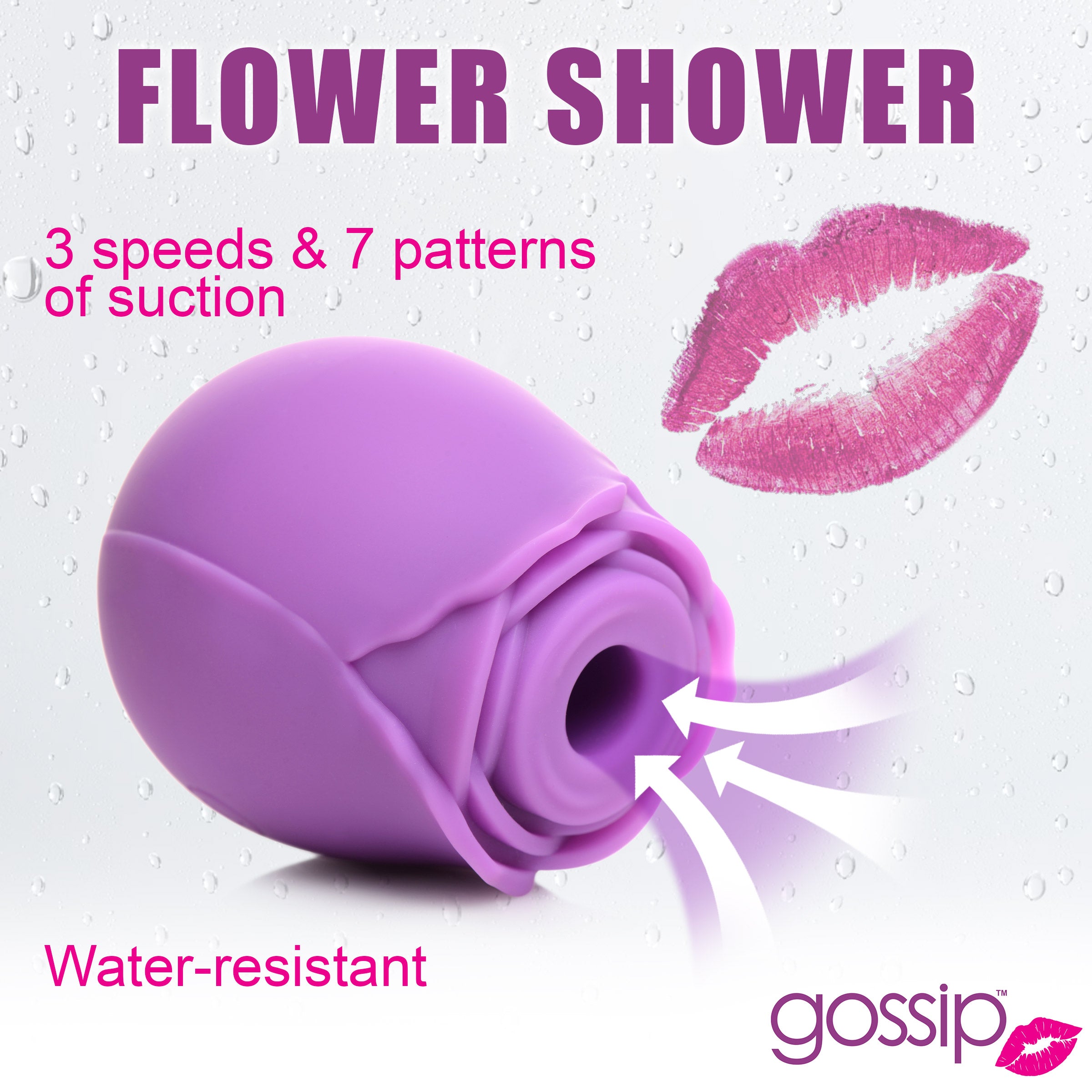 Gossip Rose Flirt 10X Silicone Clit Stimulator in violet color, shaped like a rose, designed for clitoral suction pleasure.