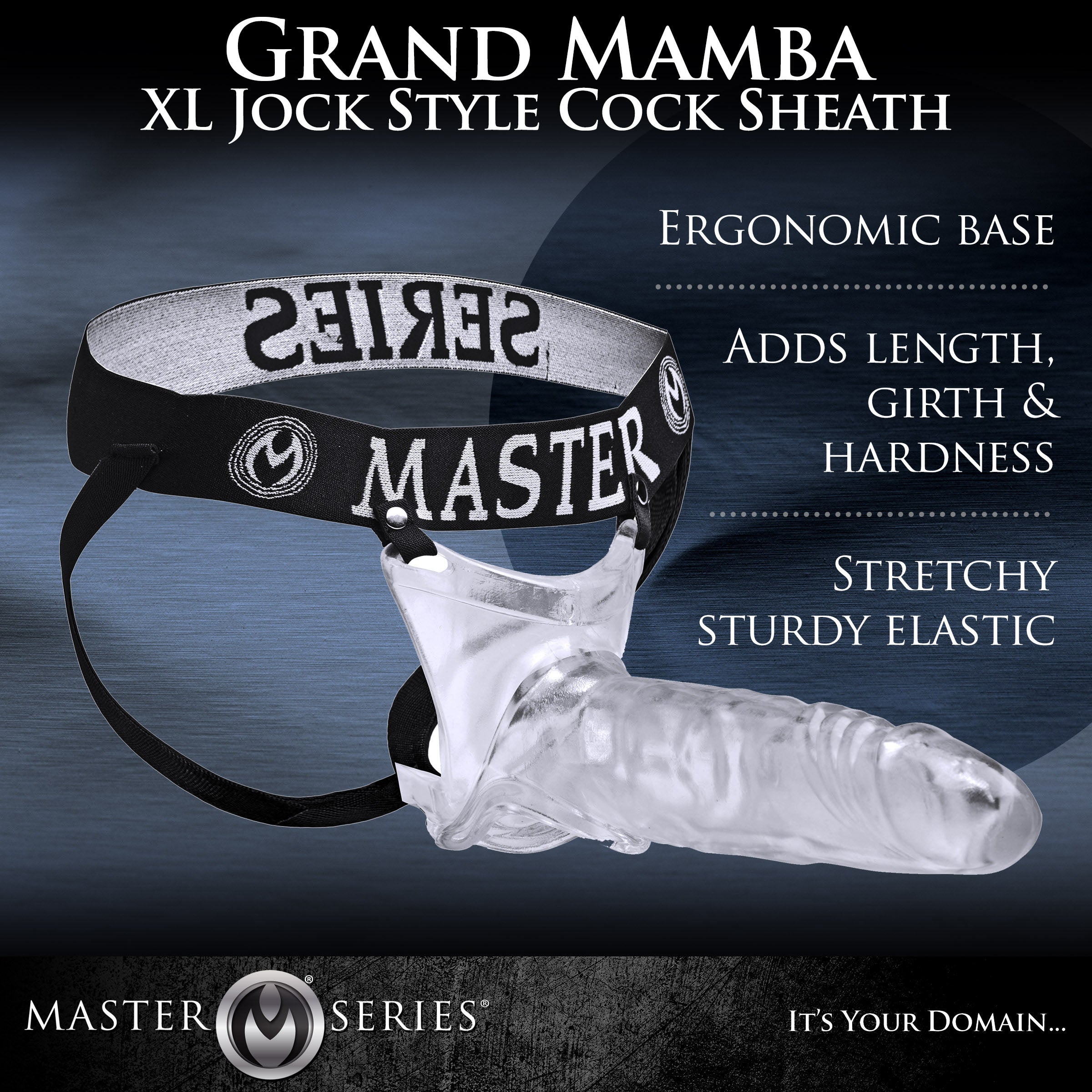 Grand Mamba XL Jock Style Cock Sheath, clear penis extender with realistic head and textured shaft, designed for added length and girth.