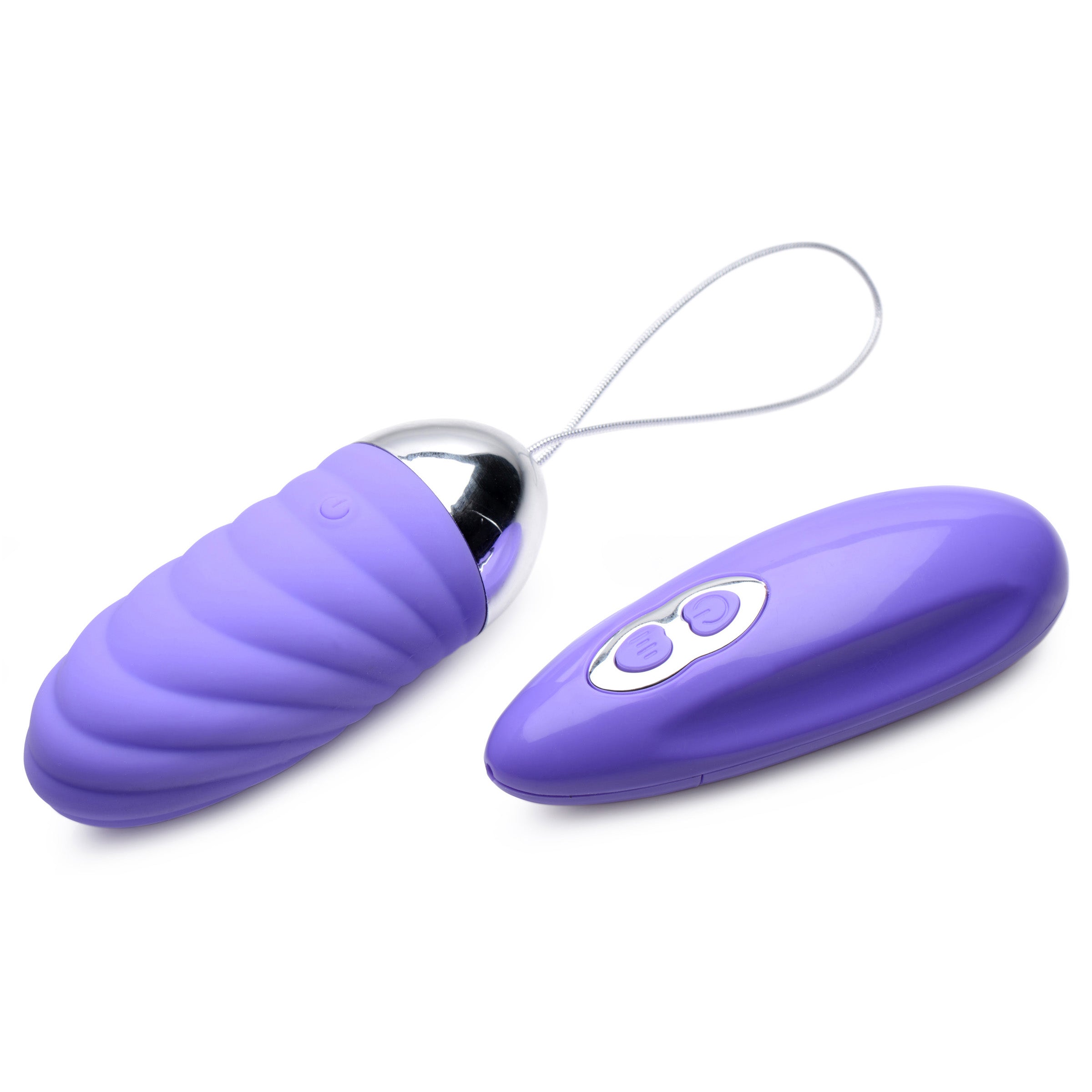 Grape Gasm 36X Swirled Vibrating Remote Control Egg in purple, showcasing its textured design and remote control.