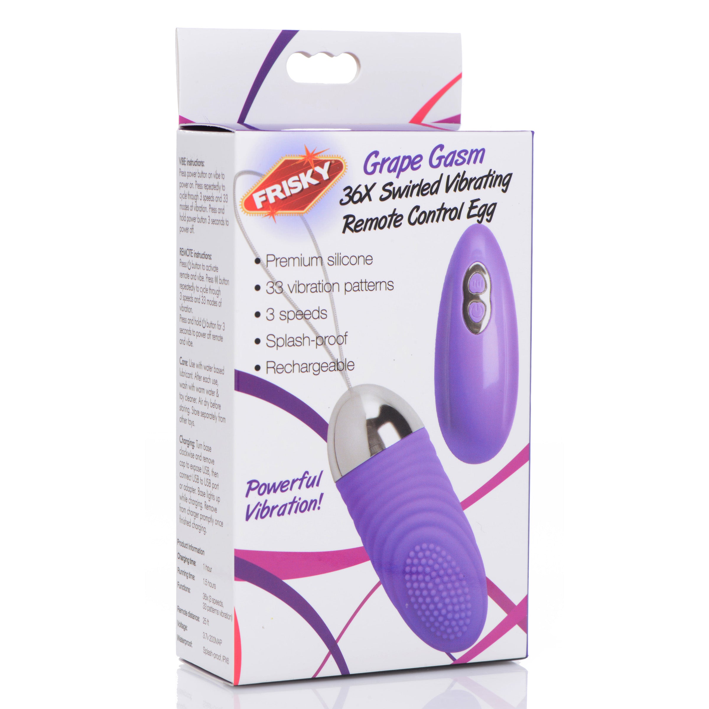 Grape Gasm 36X Swirled Vibrating Remote Control Egg in purple, showcasing its textured design and remote control.