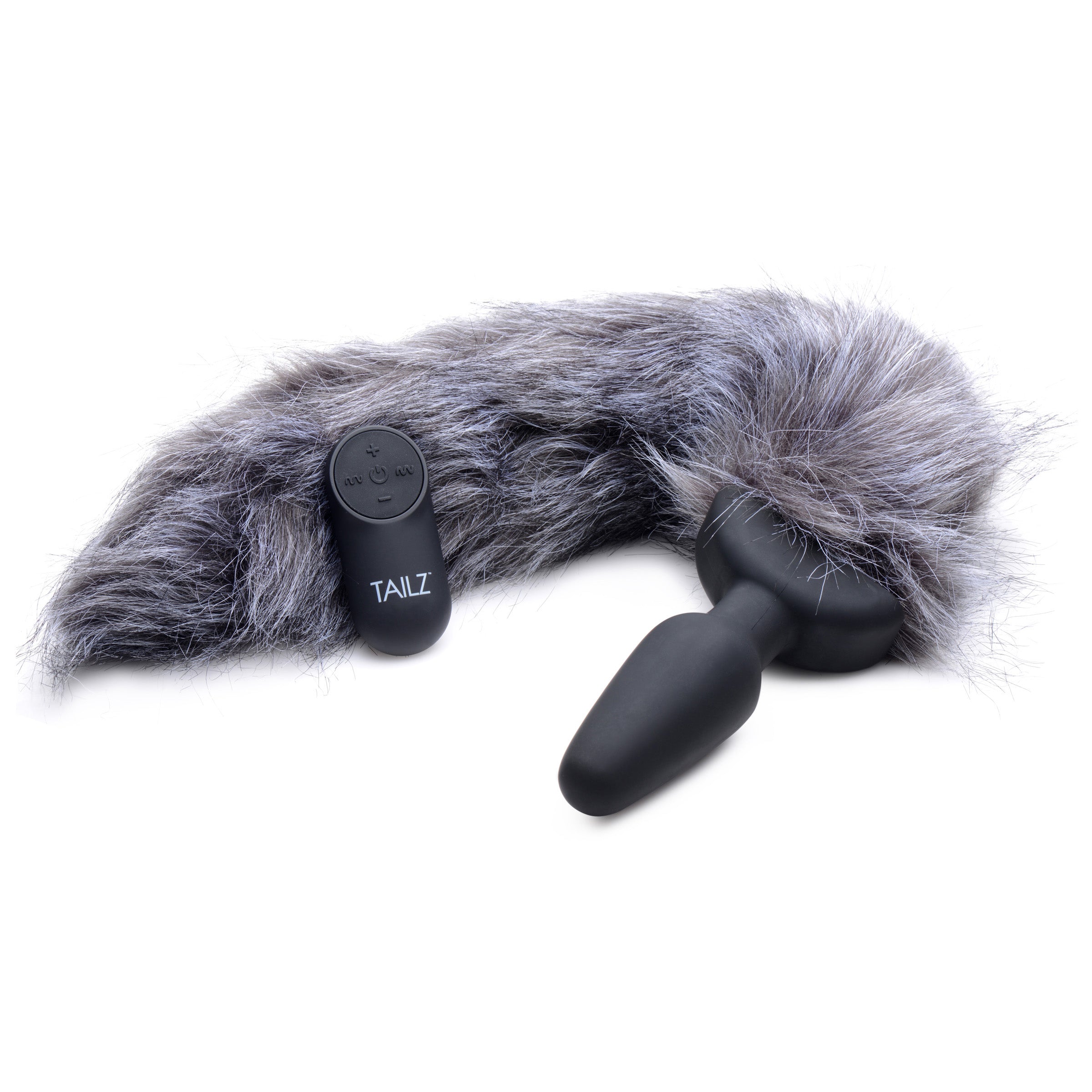 Grey Fox Tail Vibrating Anal Plug with fluffy grey tail and sleek silicone plug.