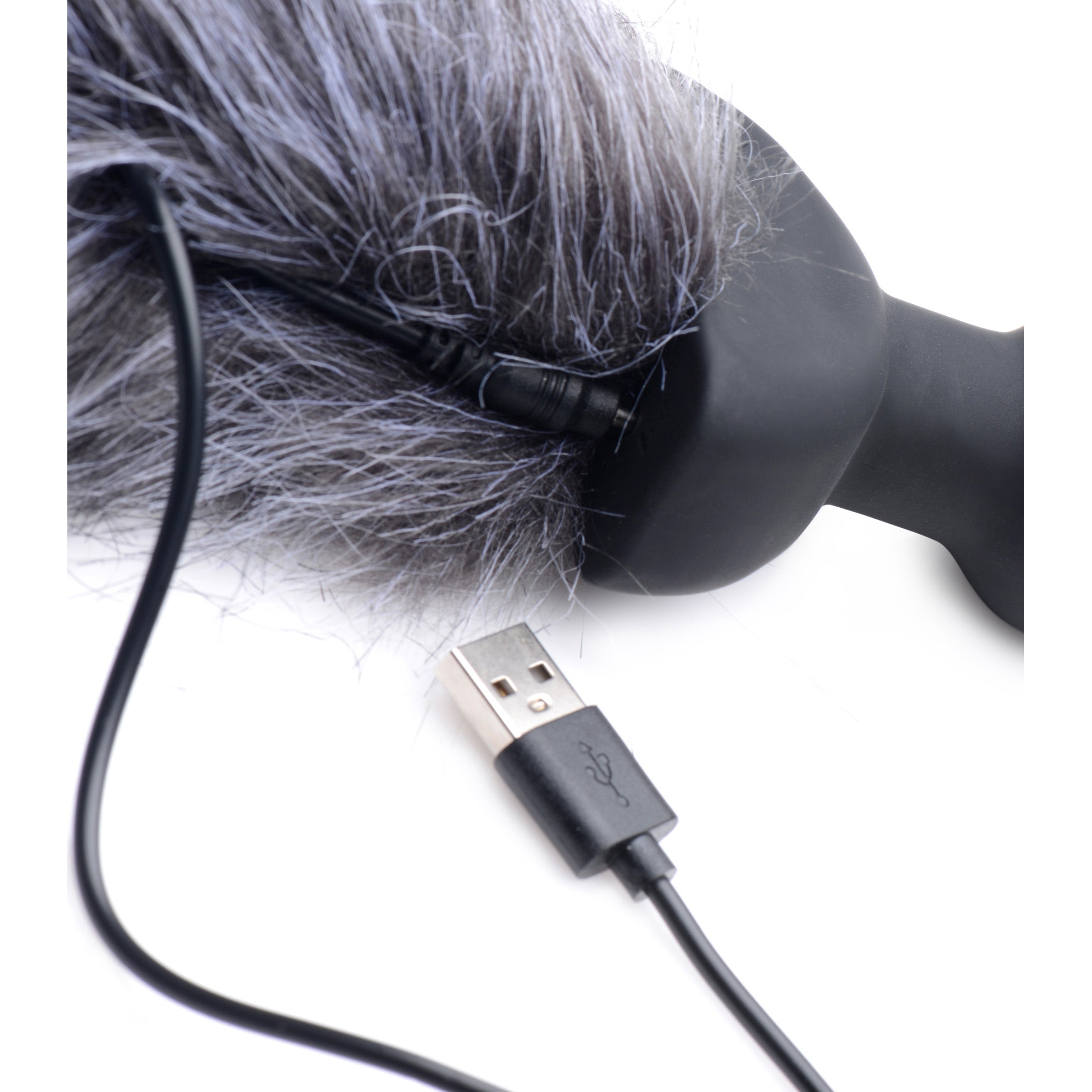 Grey Fox Tail Vibrating Anal Plug with fluffy grey tail and sleek silicone plug.