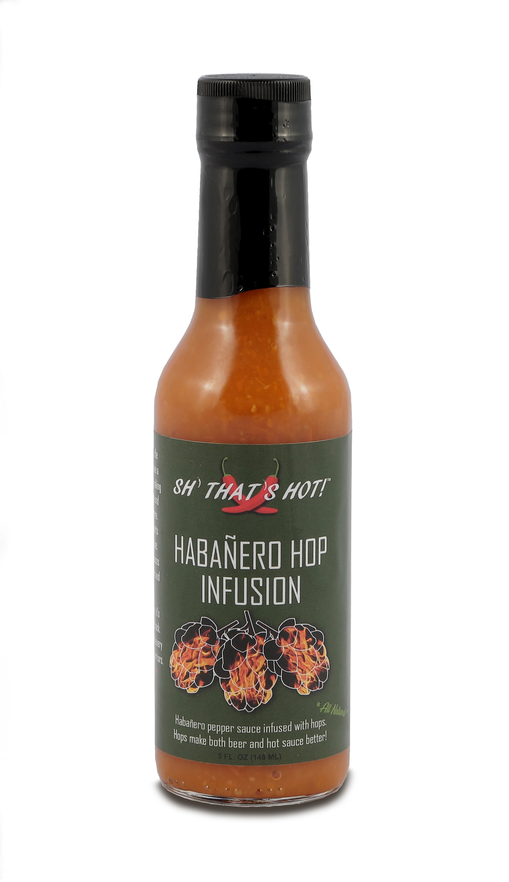 A bottle of Habanero Hop Infusion hot sauce featuring vibrant orange color, with hops and habanero peppers in the background.