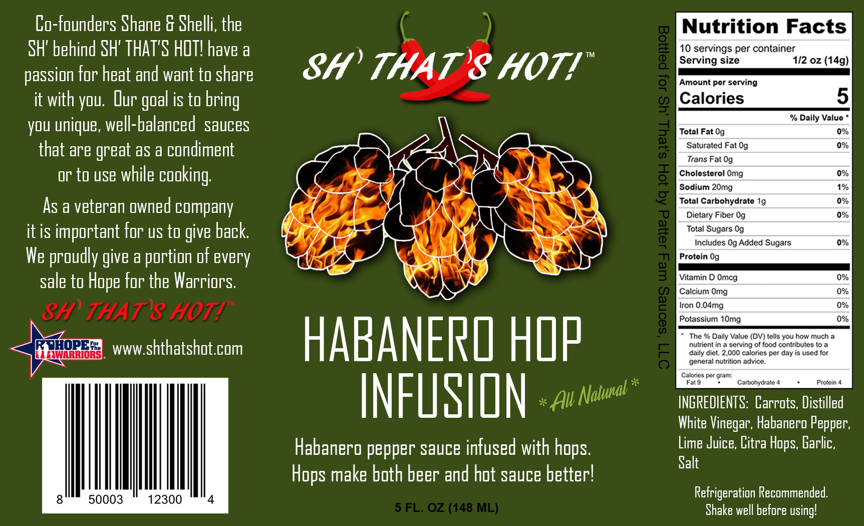 A bottle of Habanero Hop Infusion hot sauce featuring vibrant orange color, with hops and habanero peppers in the background.