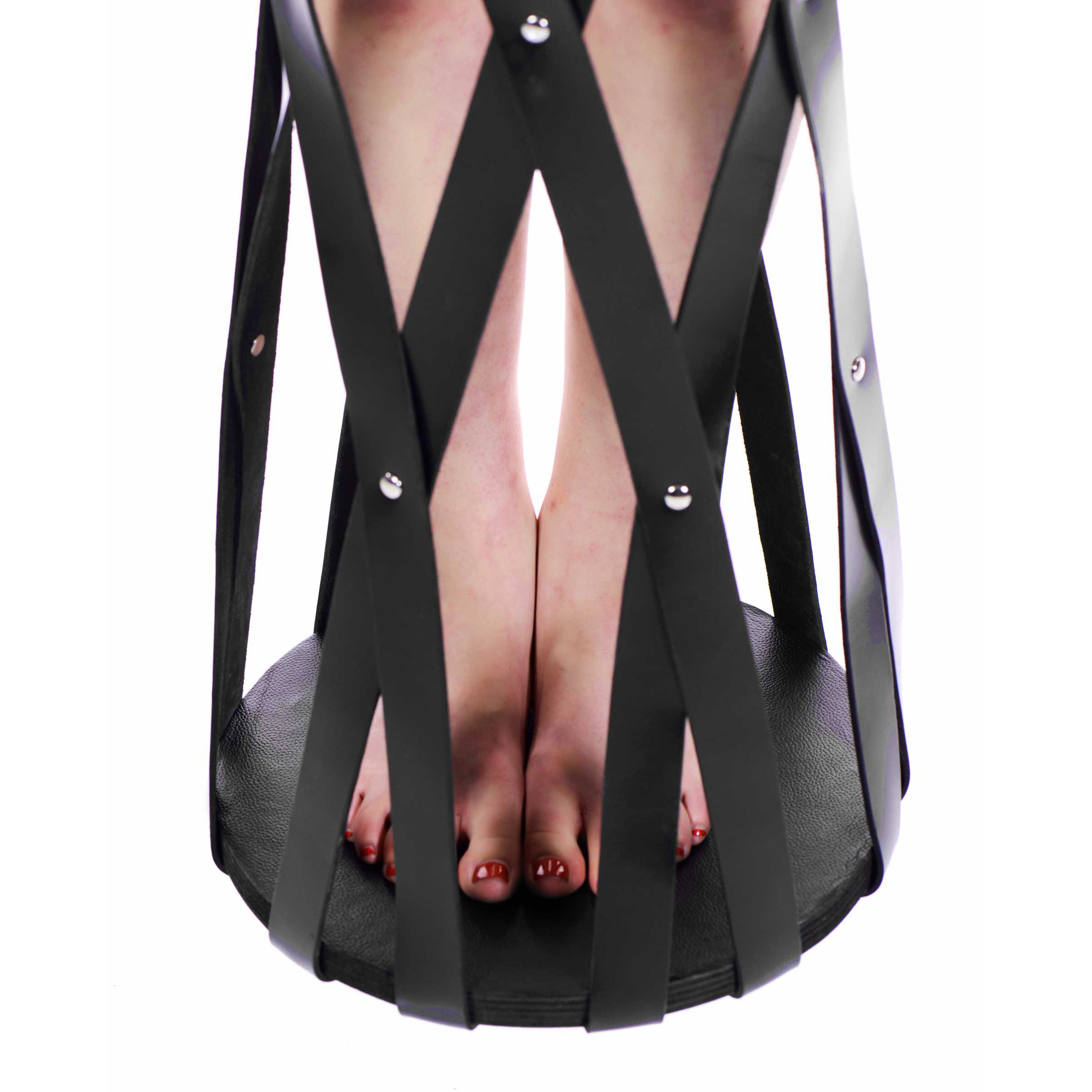 Hanging Leather Strap Cage featuring sturdy leather straps and a wooden platform, designed for bondage play.