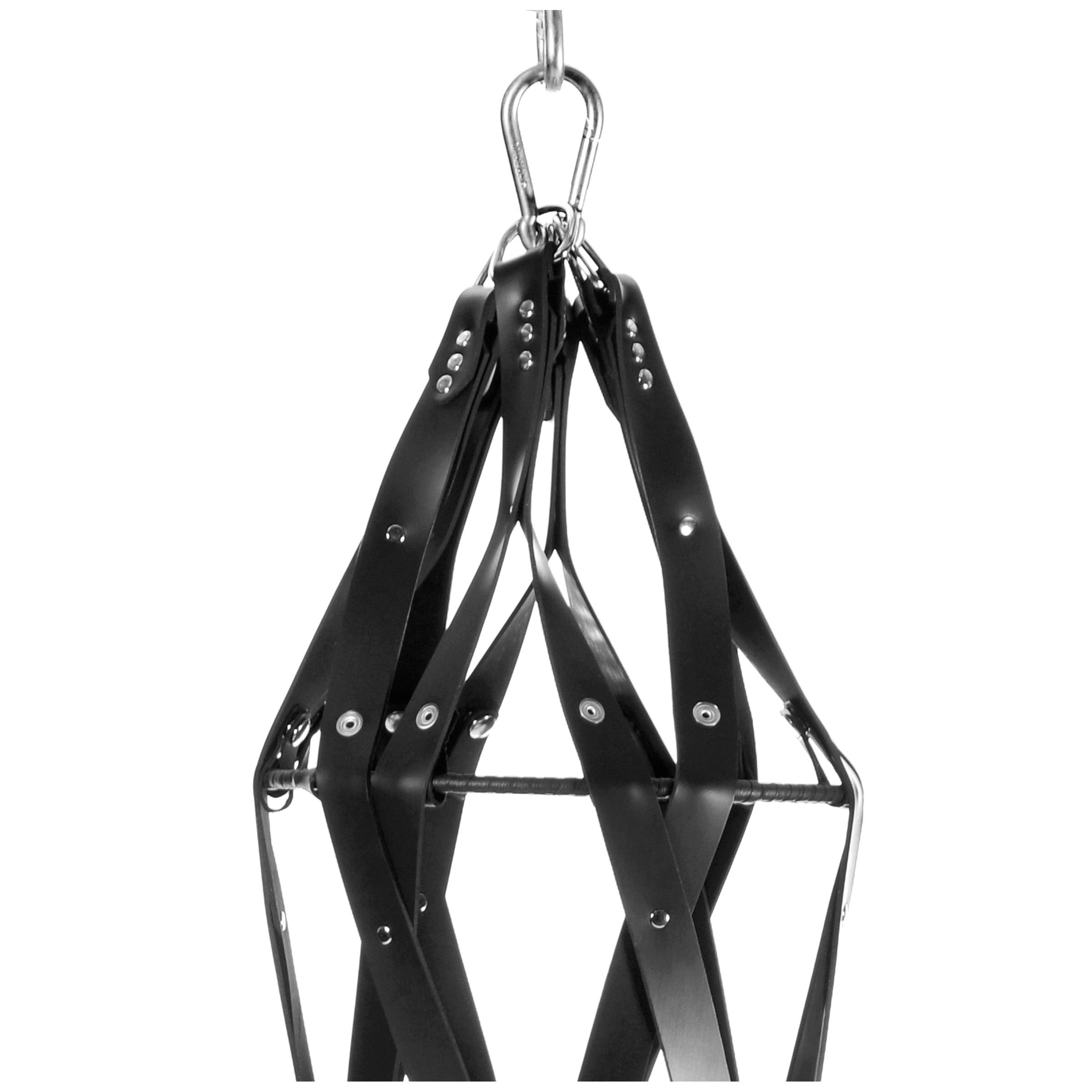 Hanging Rubber Strap Cage featuring thick rubber straps and a sturdy wooden platform, designed for bondage play.