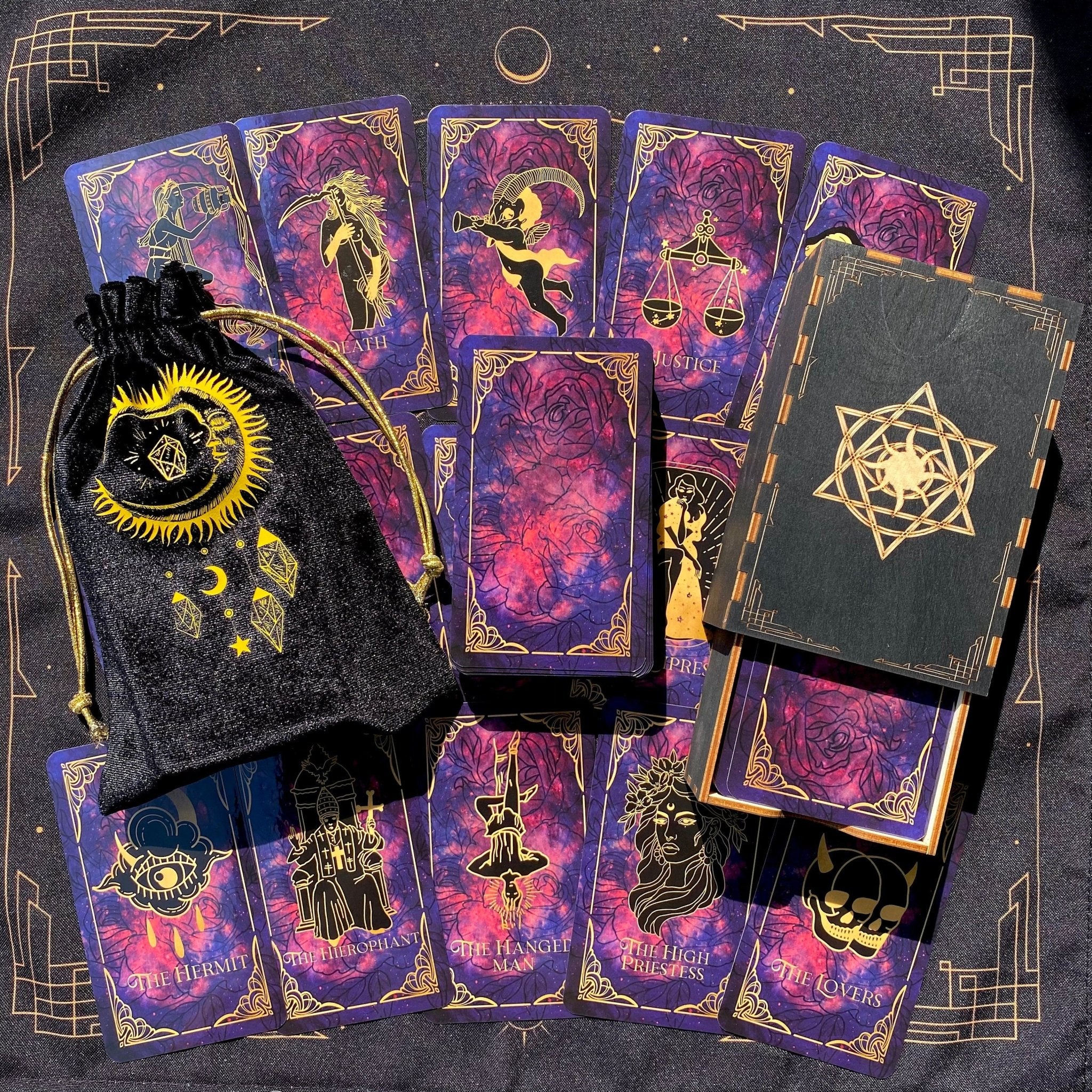 Harmony Tarot Deck featuring 78 premium tarot cards, guidebook, and elegant accessories including a velvet bag and wooden box.