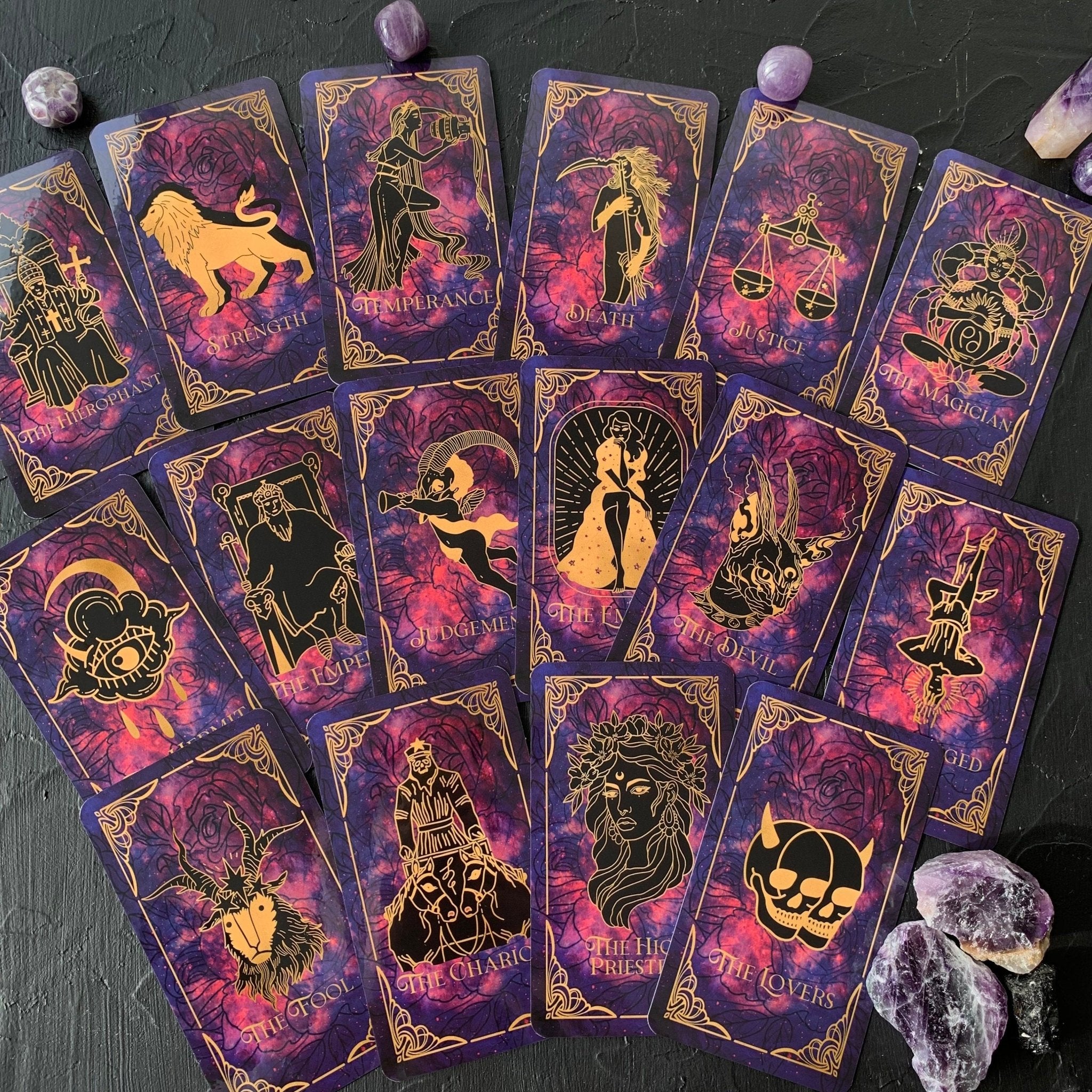 Harmony Tarot Deck featuring 78 premium tarot cards, guidebook, and elegant accessories including a velvet bag and wooden box.