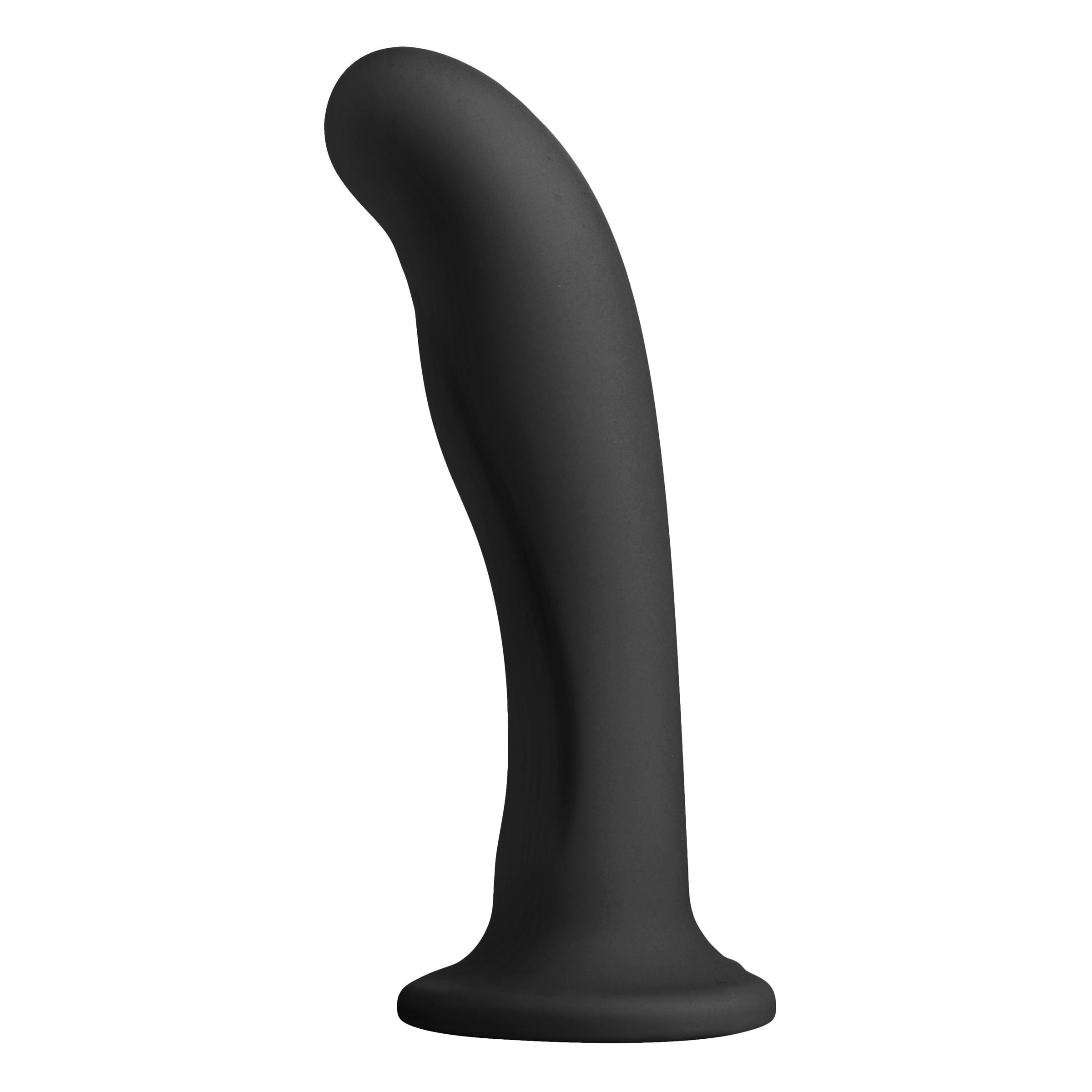 Heart On Silicone Harness Dildo in sleek black, designed for G-spot stimulation with a heart-shaped base for harness compatibility.