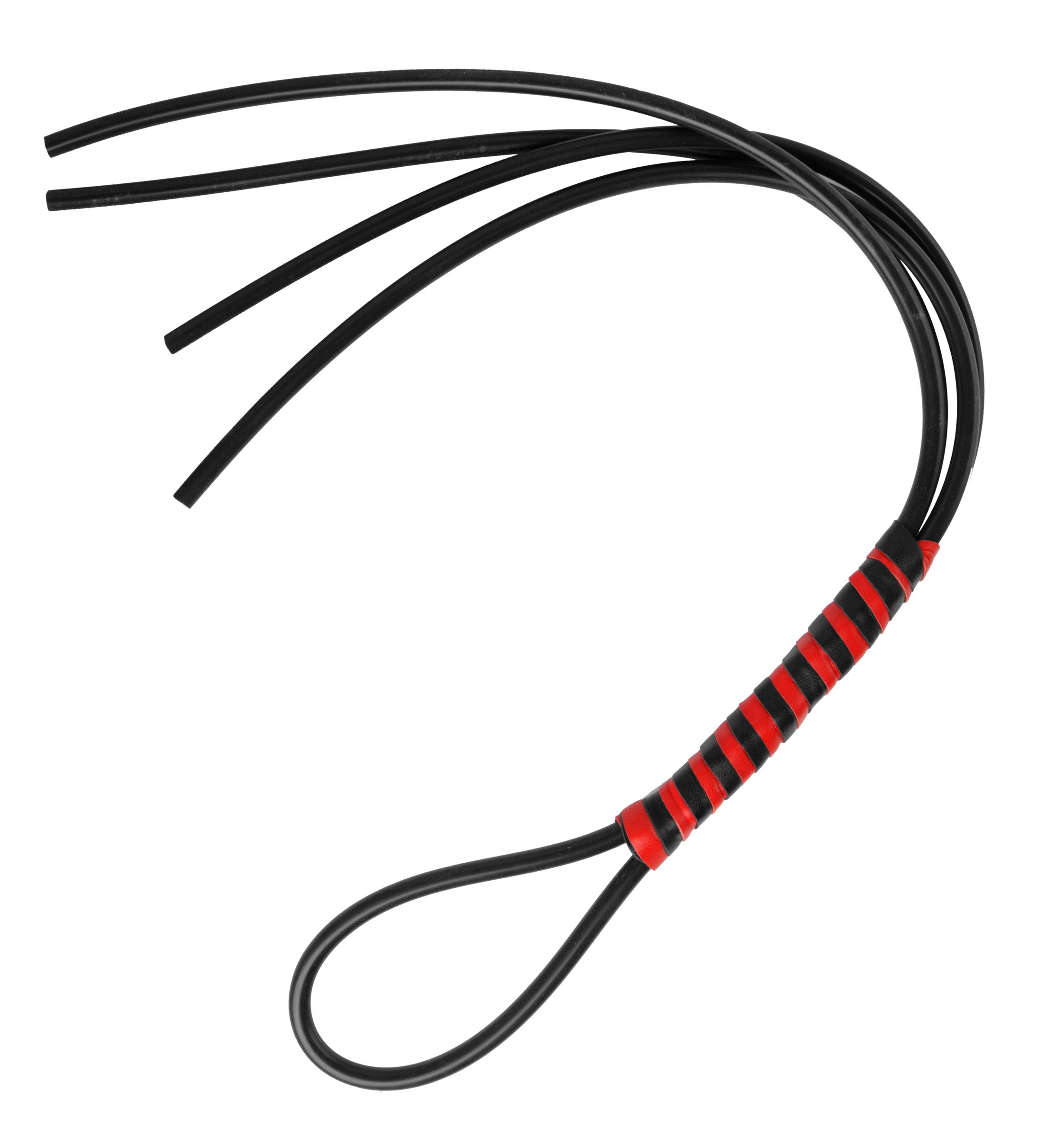 Heavy Duty Silicone Flogger with four thick tails and a leather wrapped handle in red and black, designed for intense impact play.