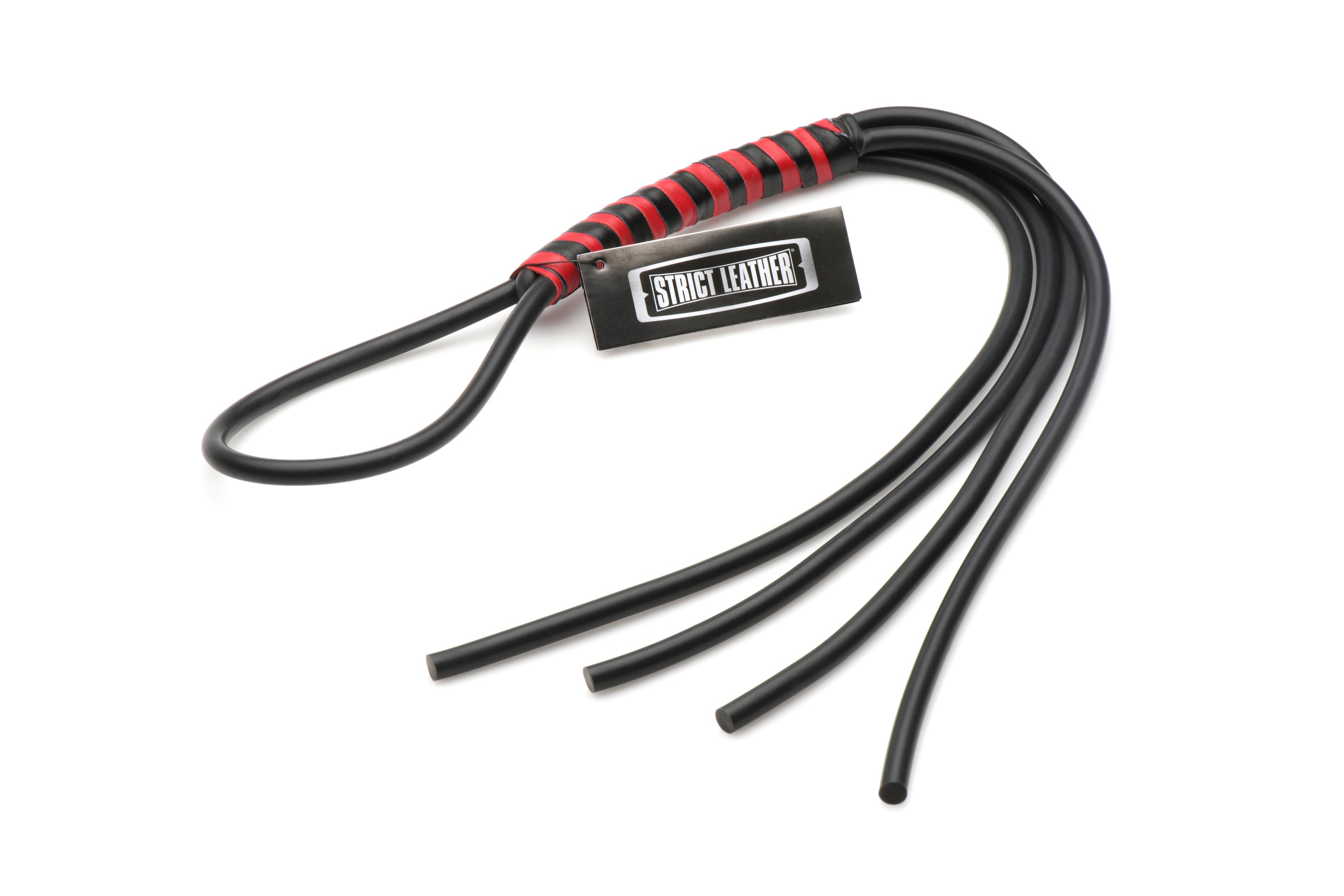 Heavy Duty Silicone Flogger with four thick tails and a leather wrapped handle in red and black, designed for intense impact play.