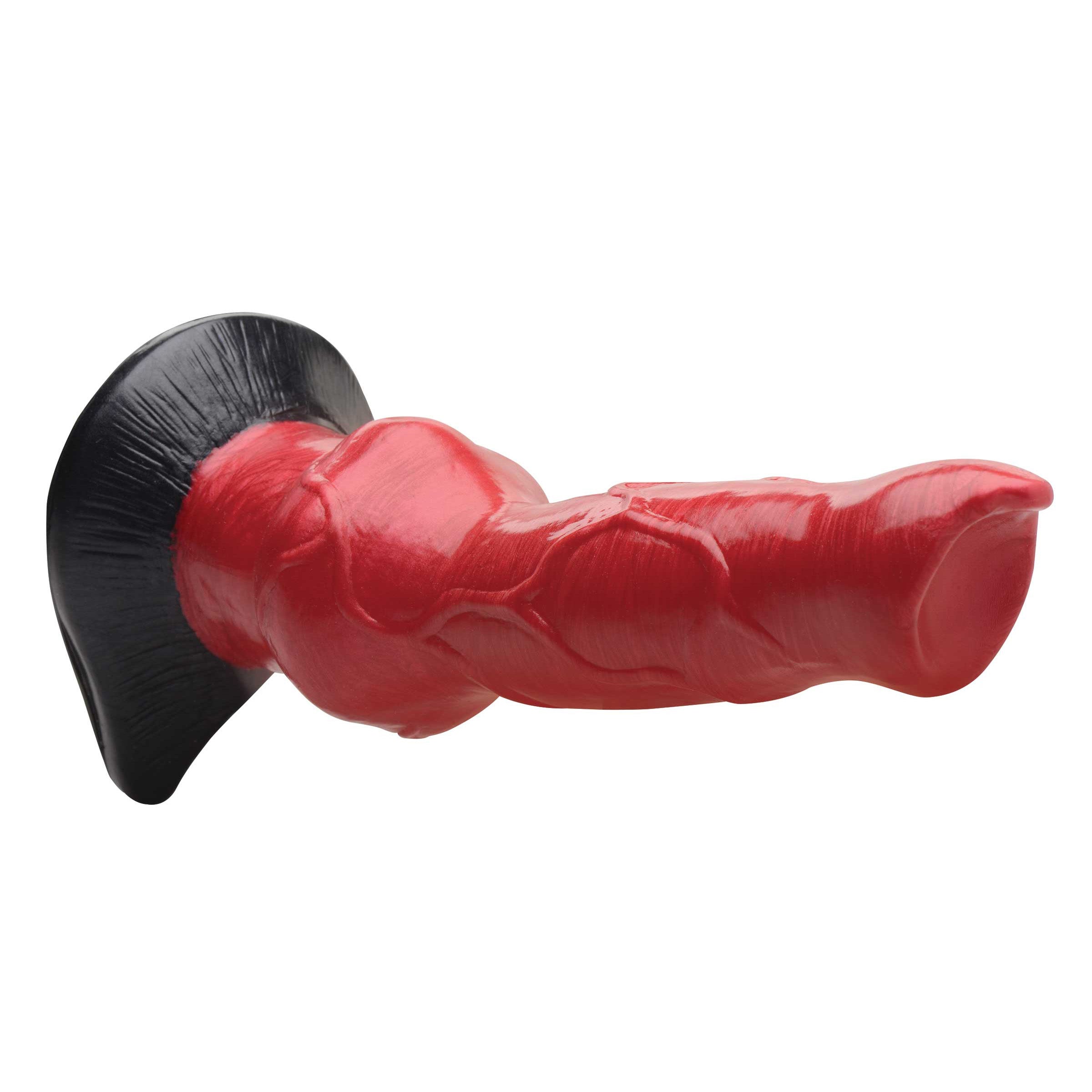 Hell-Hound Canine Penis Silicone Dildo in red with bulbous testicle glands and thick veins, featuring a strong suction cup base.