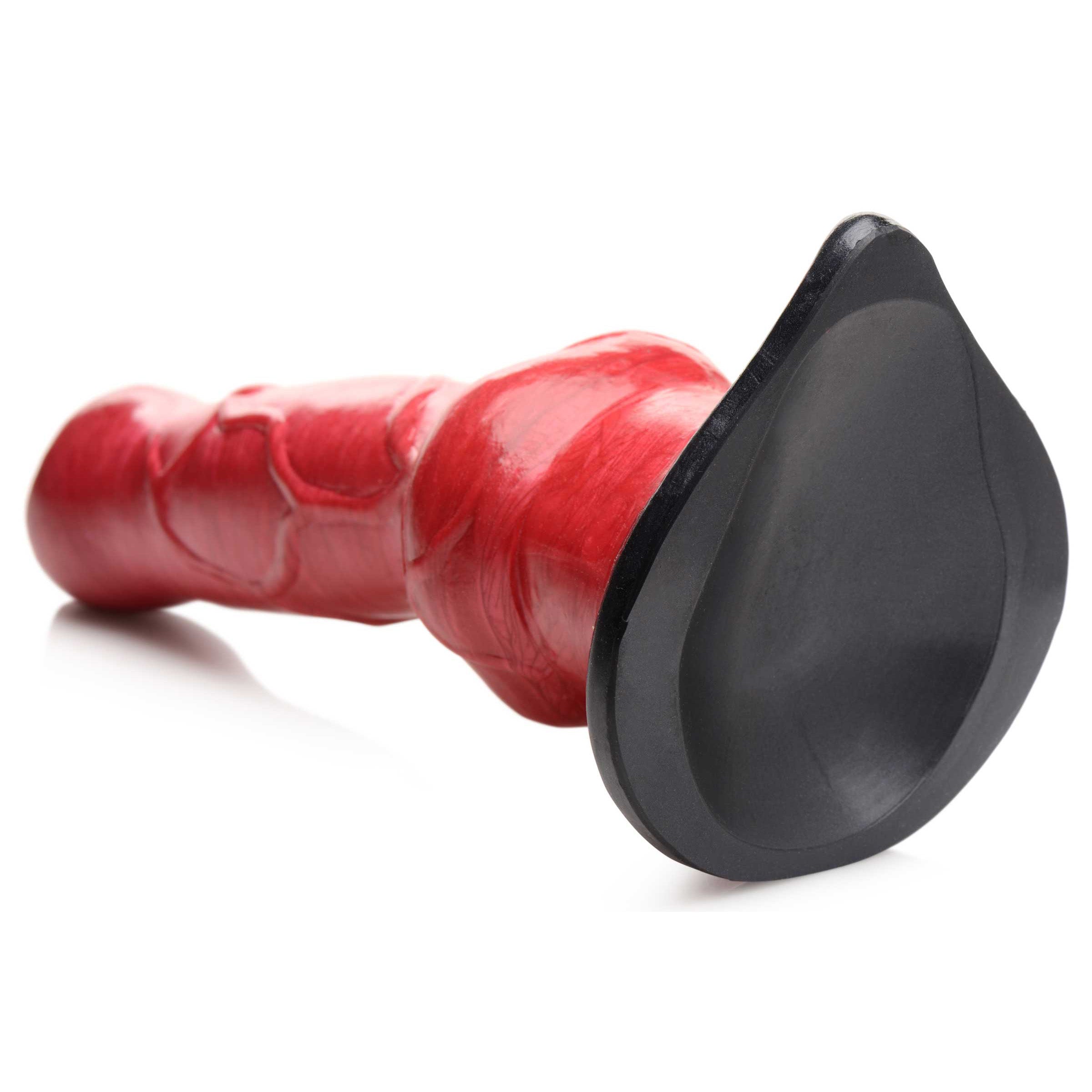 Hell-Hound Canine Penis Silicone Dildo in red with bulbous testicle glands and thick veins, featuring a strong suction cup base.