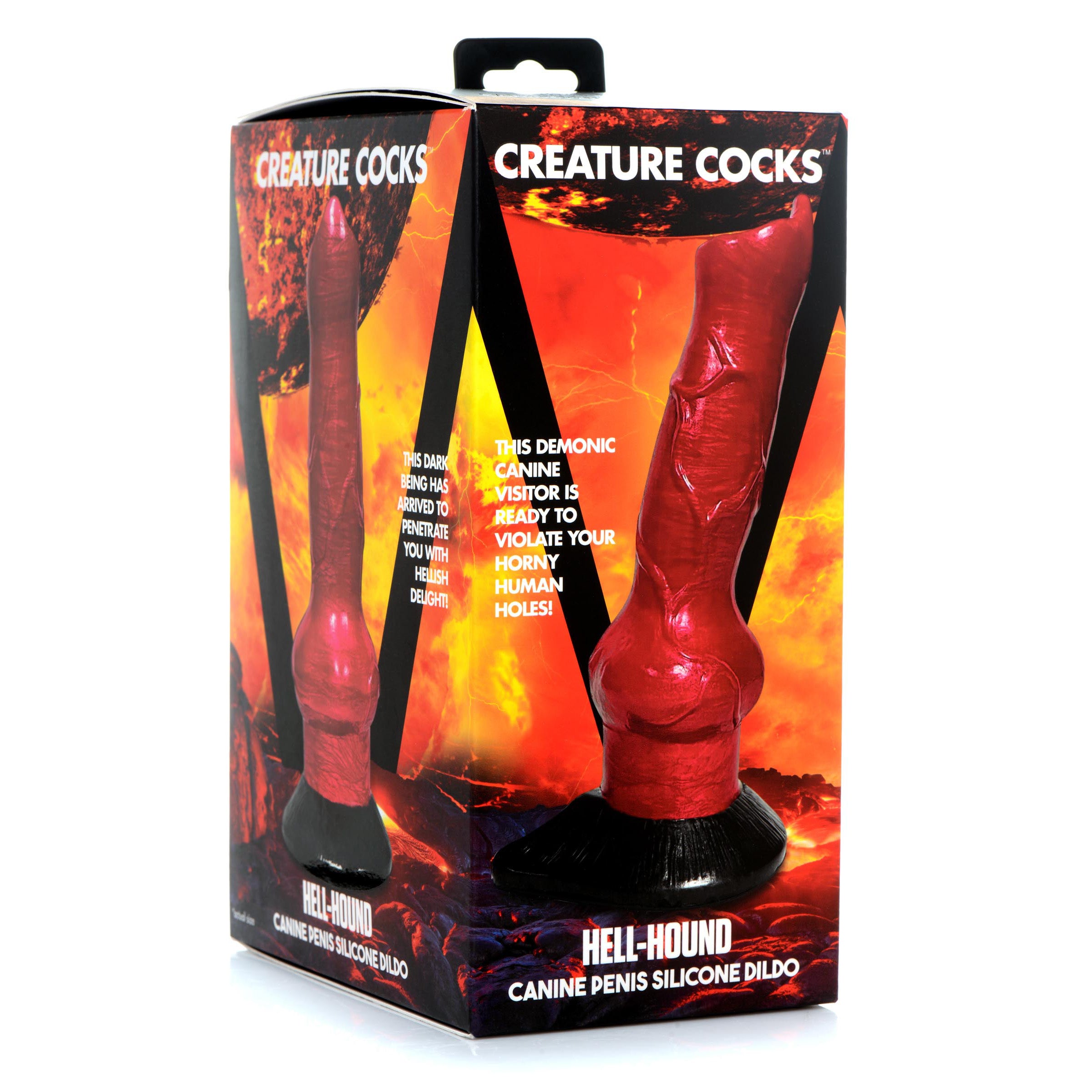 Hell-Hound Canine Penis Silicone Dildo in red with bulbous testicle glands and thick veins, featuring a strong suction cup base.