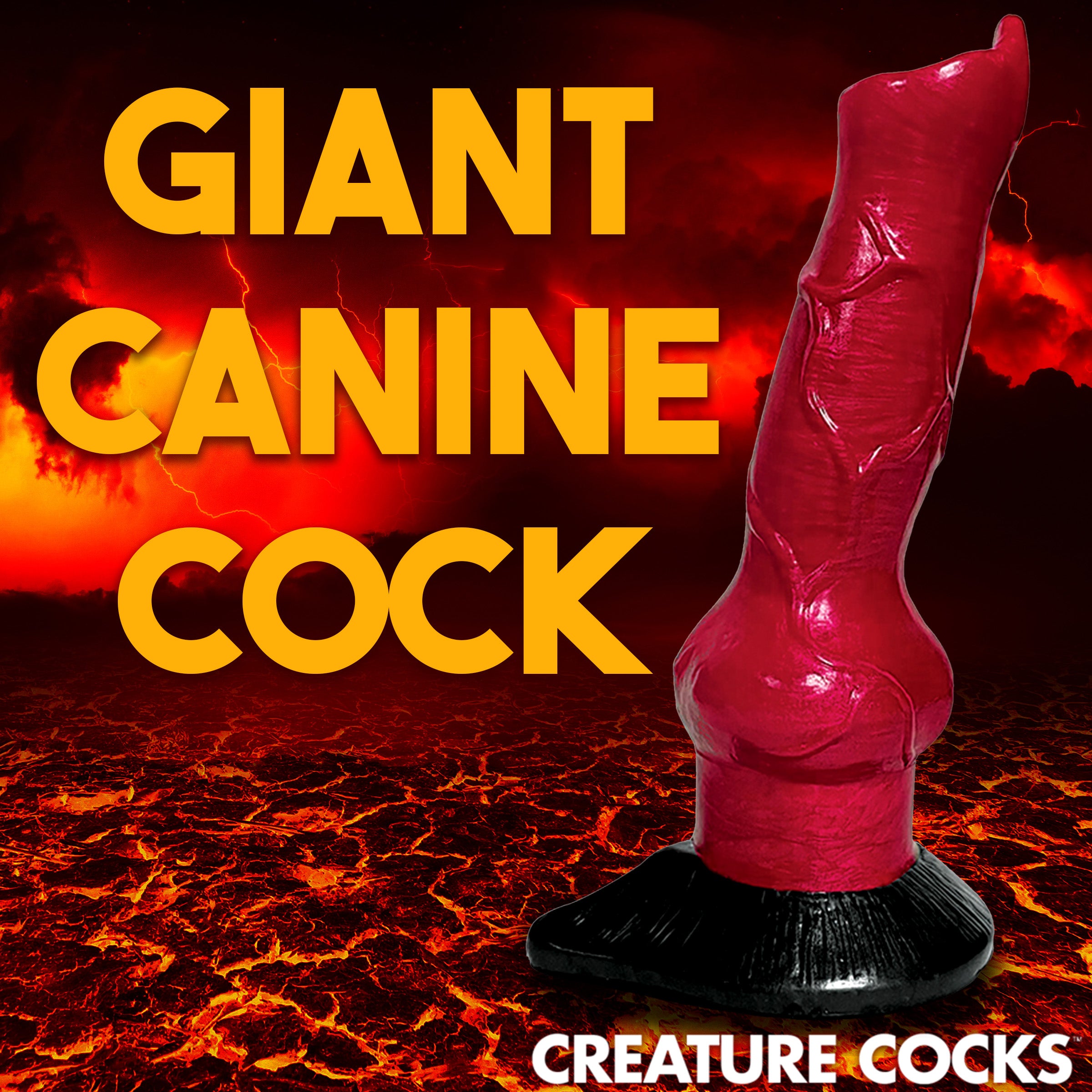 Hell-Hound Canine Penis Silicone Dildo in red with bulbous testicle glands and thick veins, featuring a strong suction cup base.