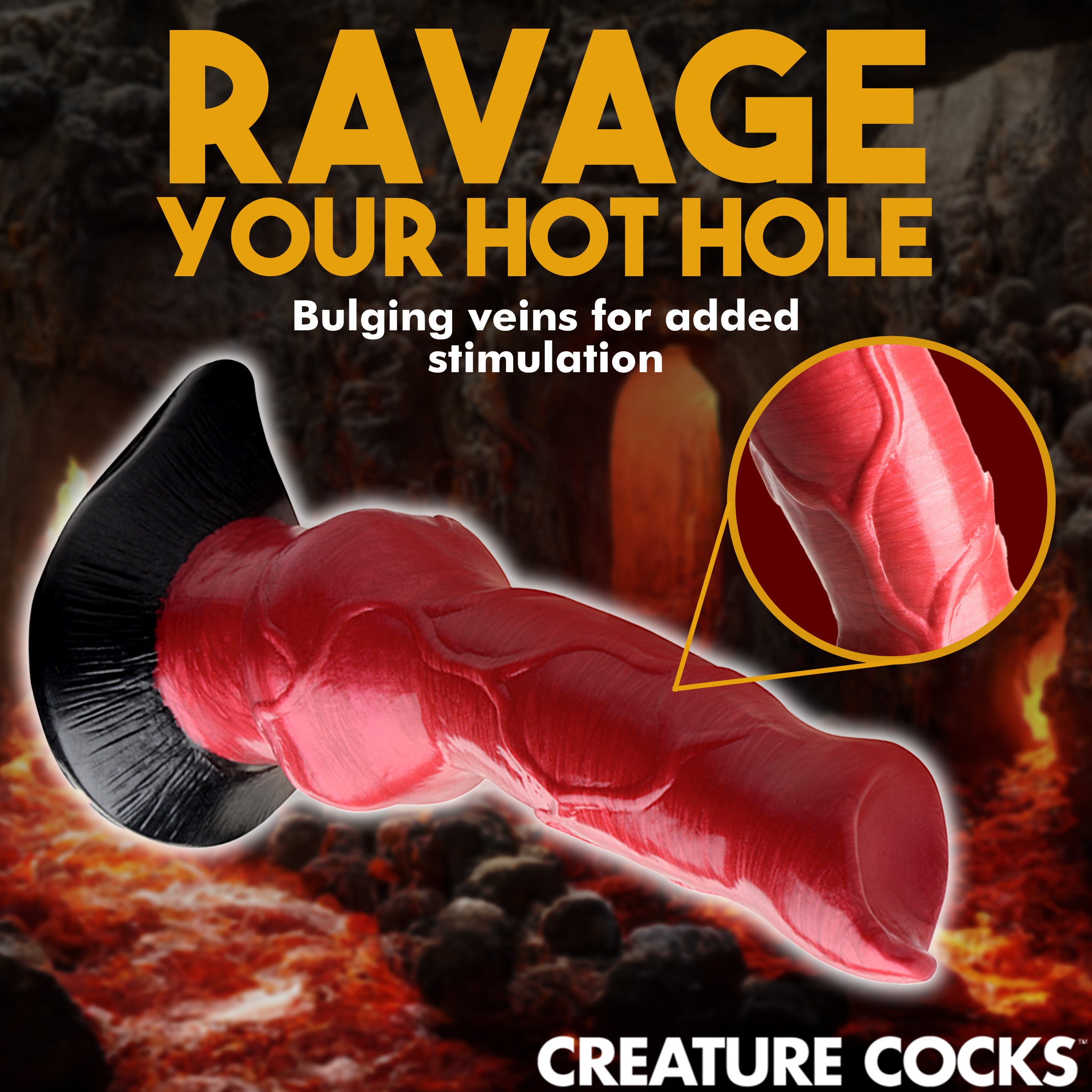 Hell-Hound Canine Penis Silicone Dildo in red with bulbous testicle glands and thick veins, featuring a strong suction cup base.