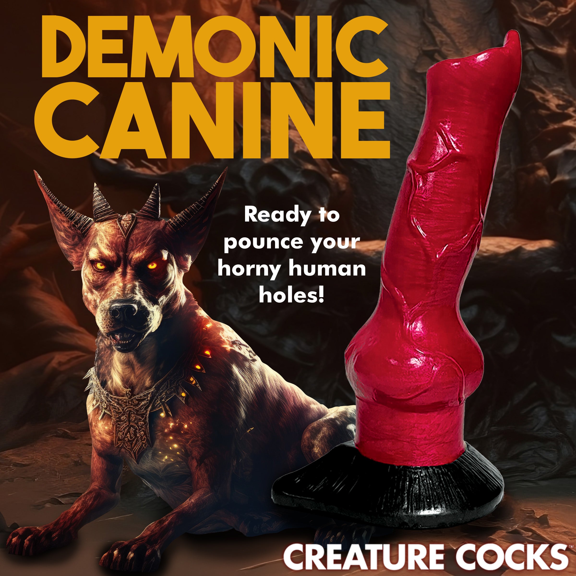 Hell-Hound Canine Penis Silicone Dildo in red with bulbous testicle glands and thick veins, featuring a strong suction cup base.