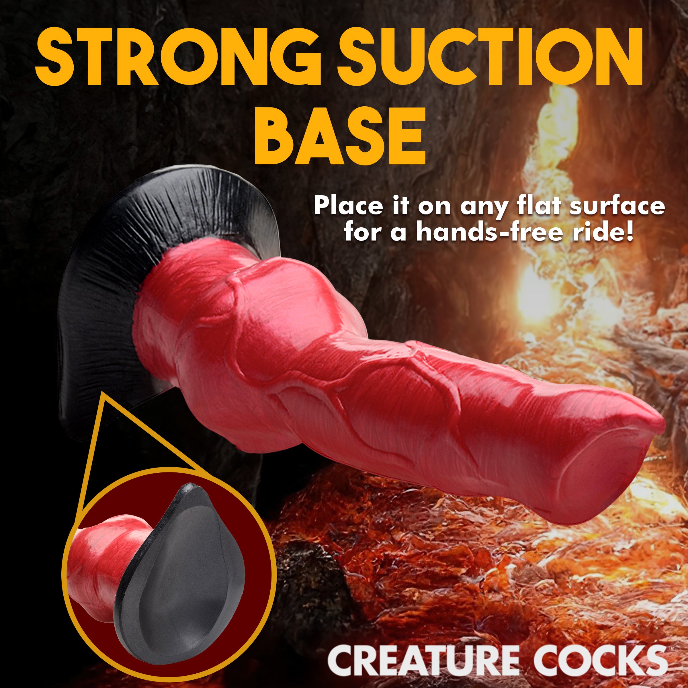 Hell-Hound Canine Penis Silicone Dildo in red with bulbous testicle glands and thick veins, featuring a strong suction cup base.