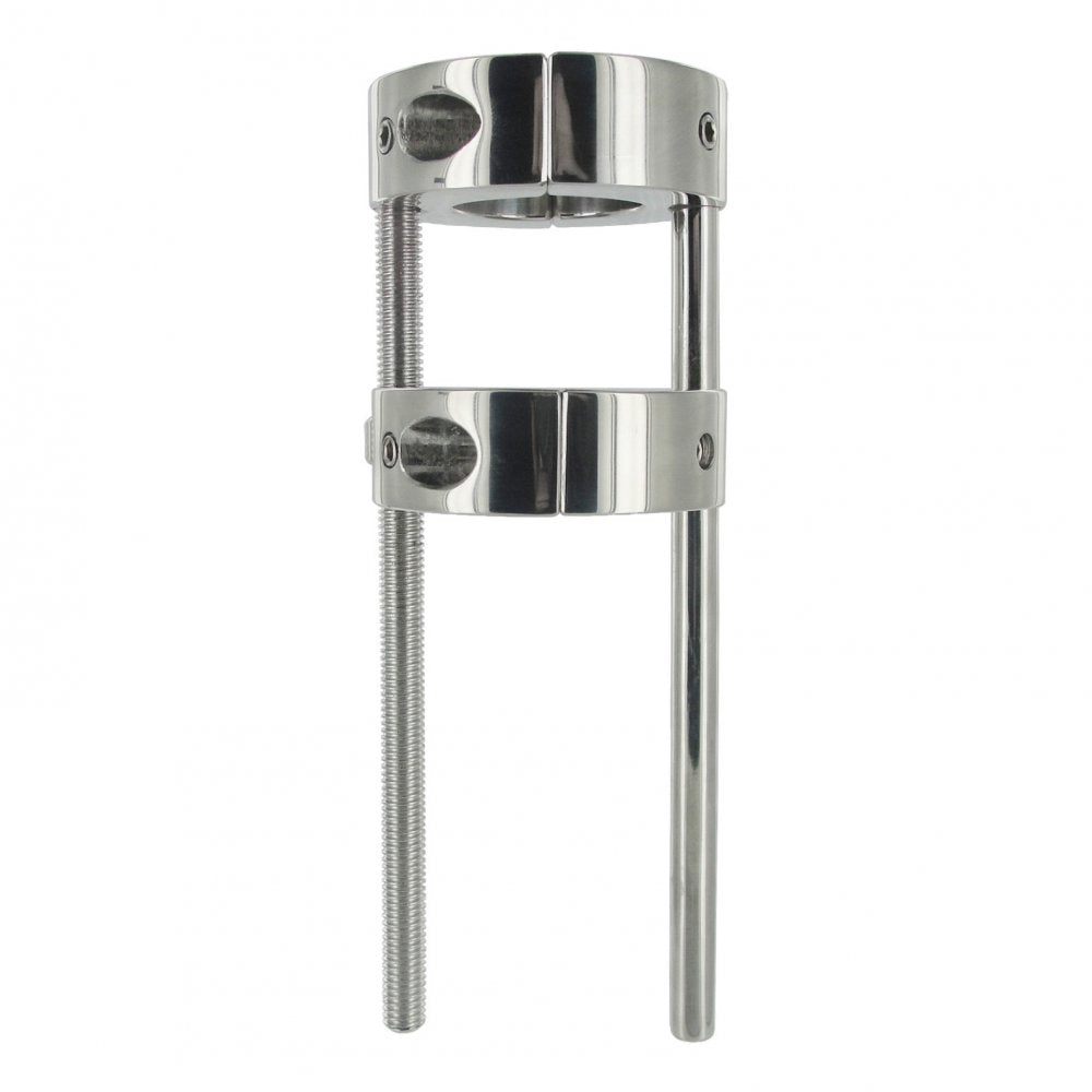 Hells Bridge Ball Stretcher made of stainless steel, featuring two adjustable rings for stretching and crushing sensations.