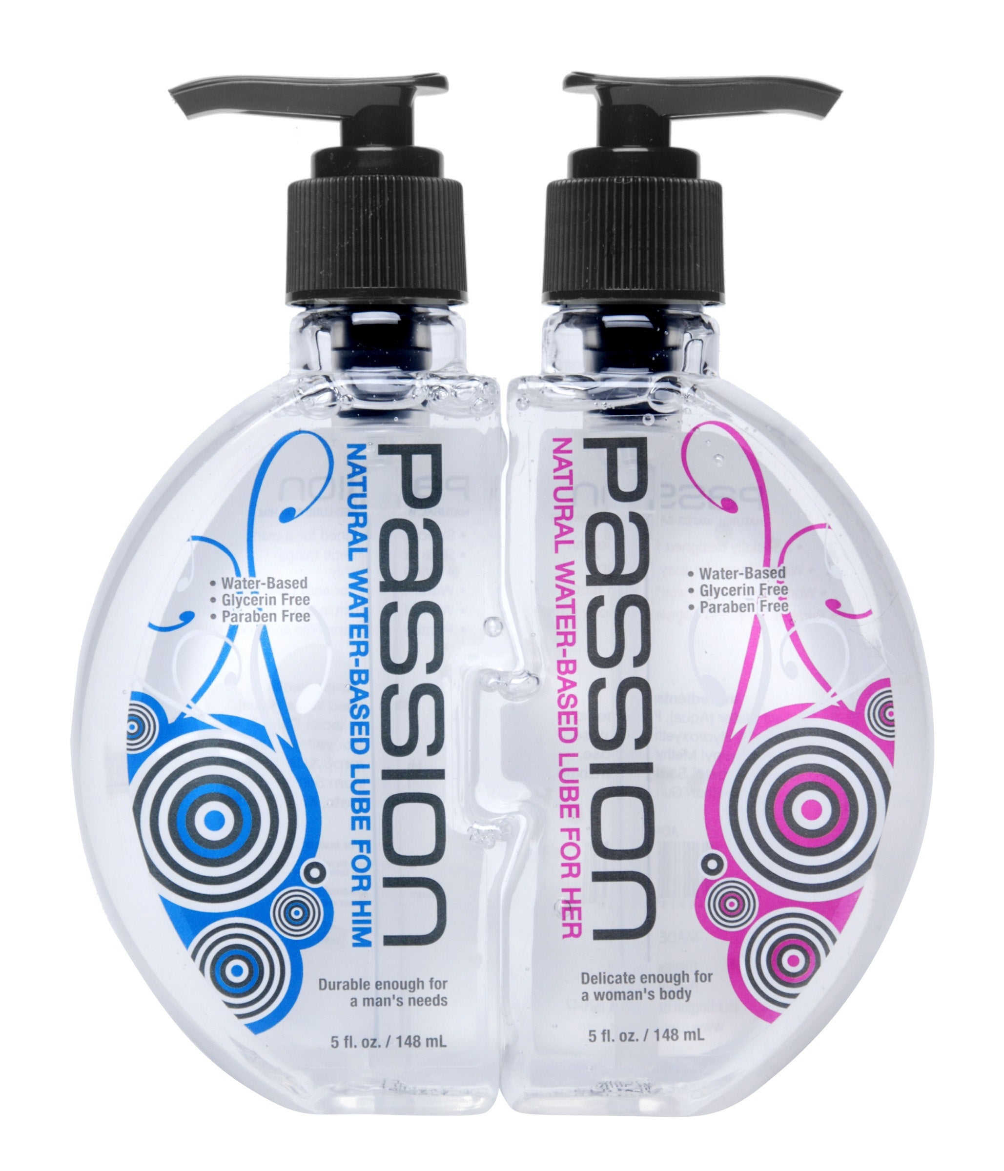 His and Hers Passion Natural Lube Combo Pack featuring two 5 oz bottles with pump tops, designed for couples with a clear, non-staining formula.