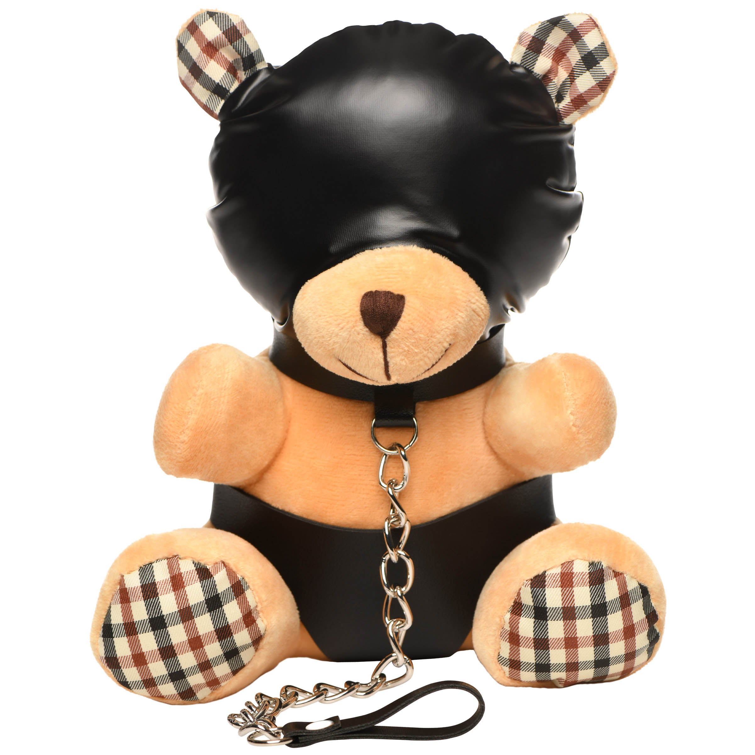 Hooded Teddy Bear Plush with light peach fur, dressed in PU leather panties and hood, featuring a metal chain leash.