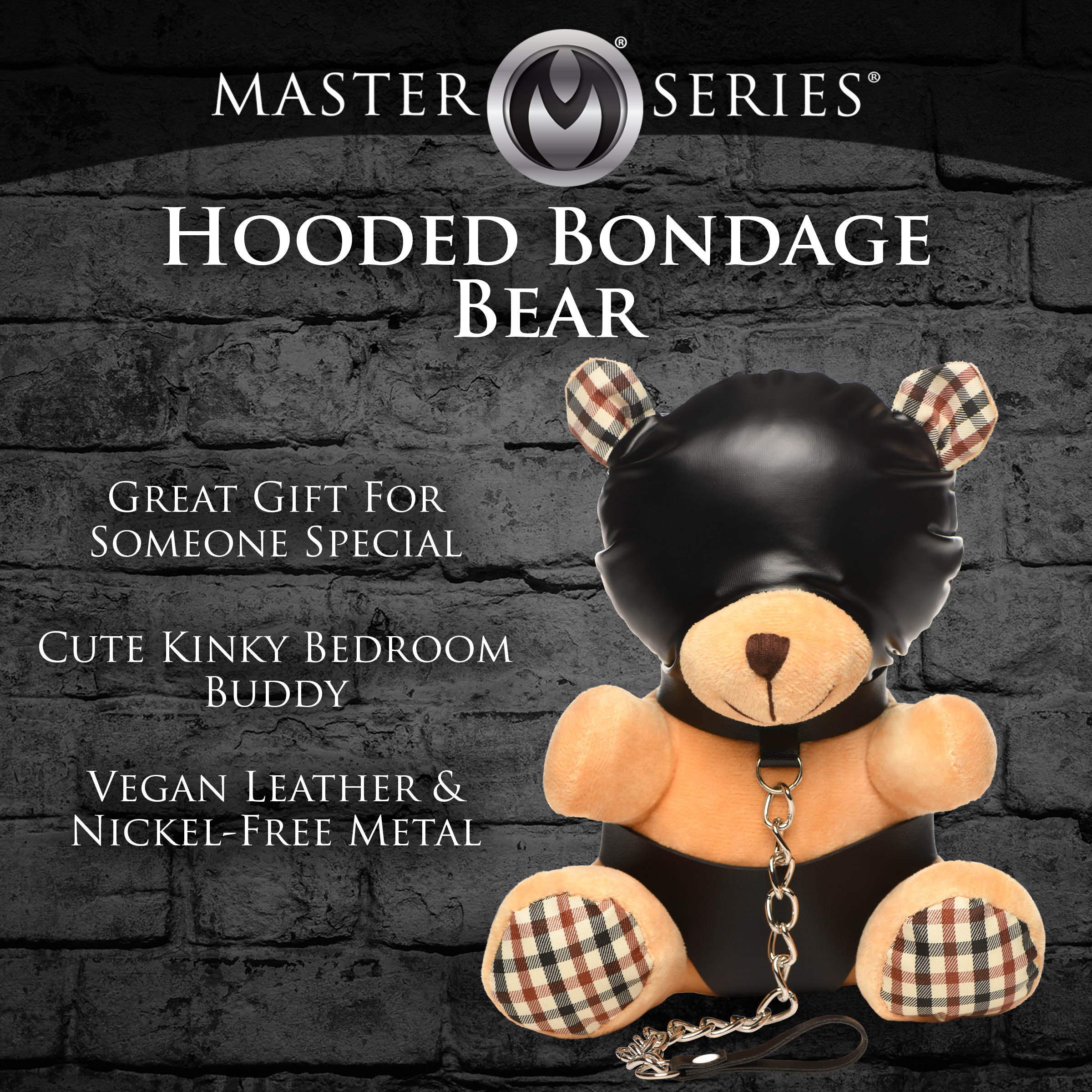 Hooded Teddy Bear Plush with light peach fur, dressed in PU leather panties and hood, featuring a metal chain leash.