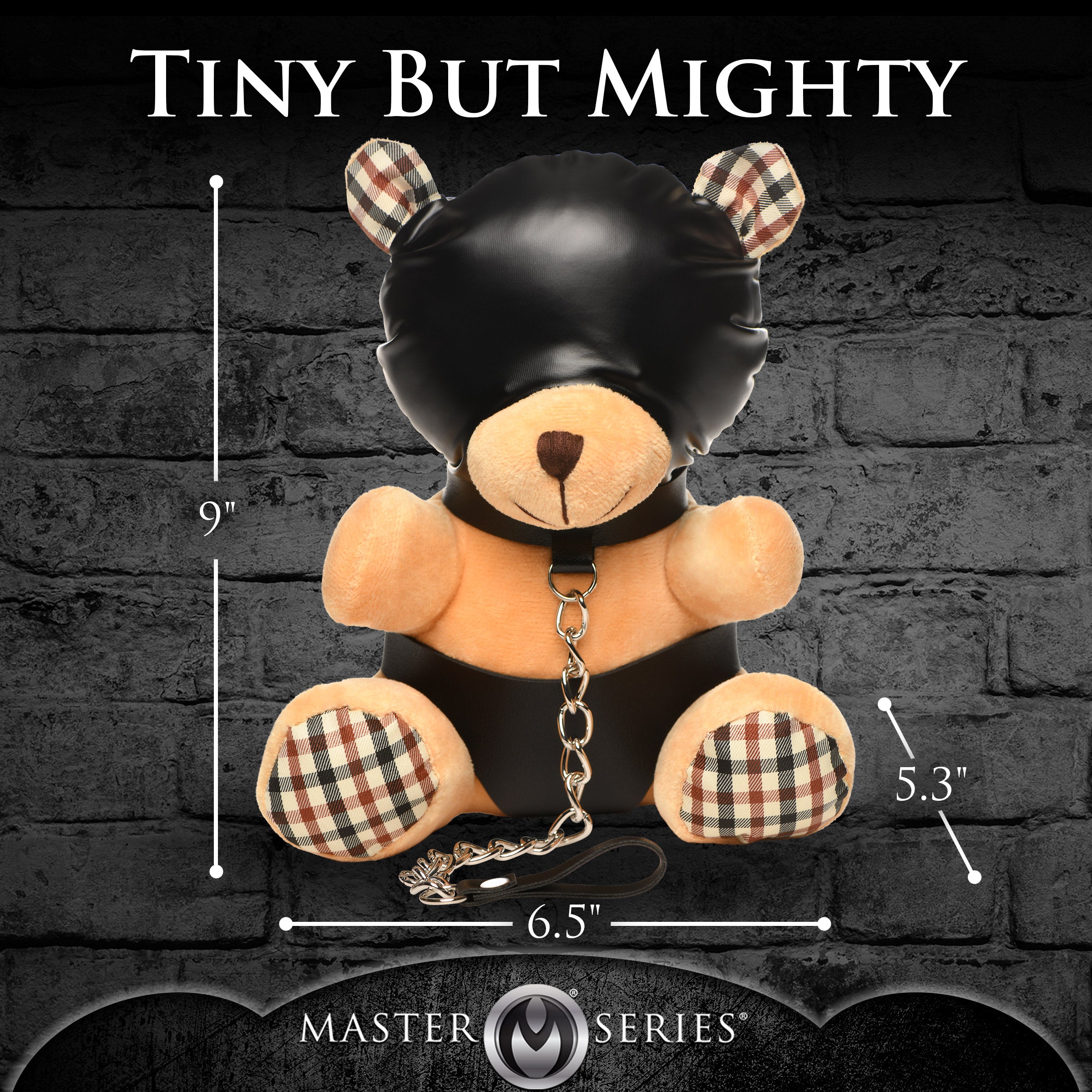 Hooded Teddy Bear Plush with light peach fur, dressed in PU leather panties and hood, featuring a metal chain leash.