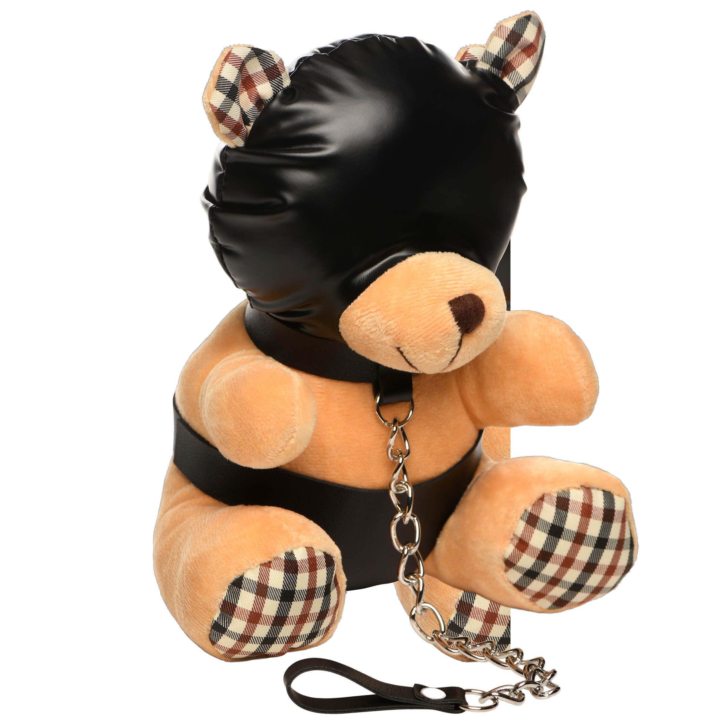 Hooded Teddy Bear Plush with light peach fur, dressed in PU leather panties and hood, featuring a metal chain leash.