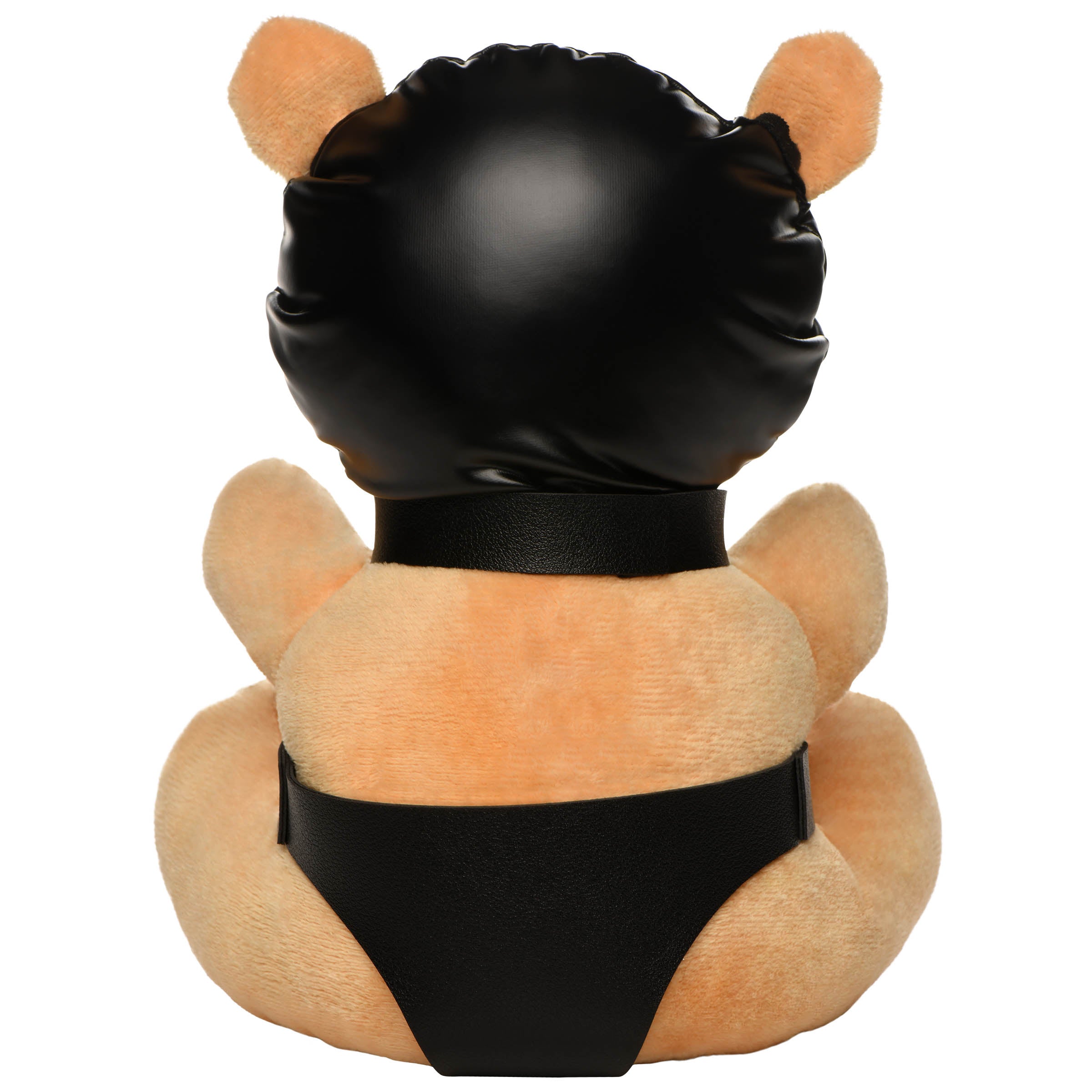 Hooded Teddy Bear Plush with light peach fur, dressed in PU leather panties and hood, featuring a metal chain leash.