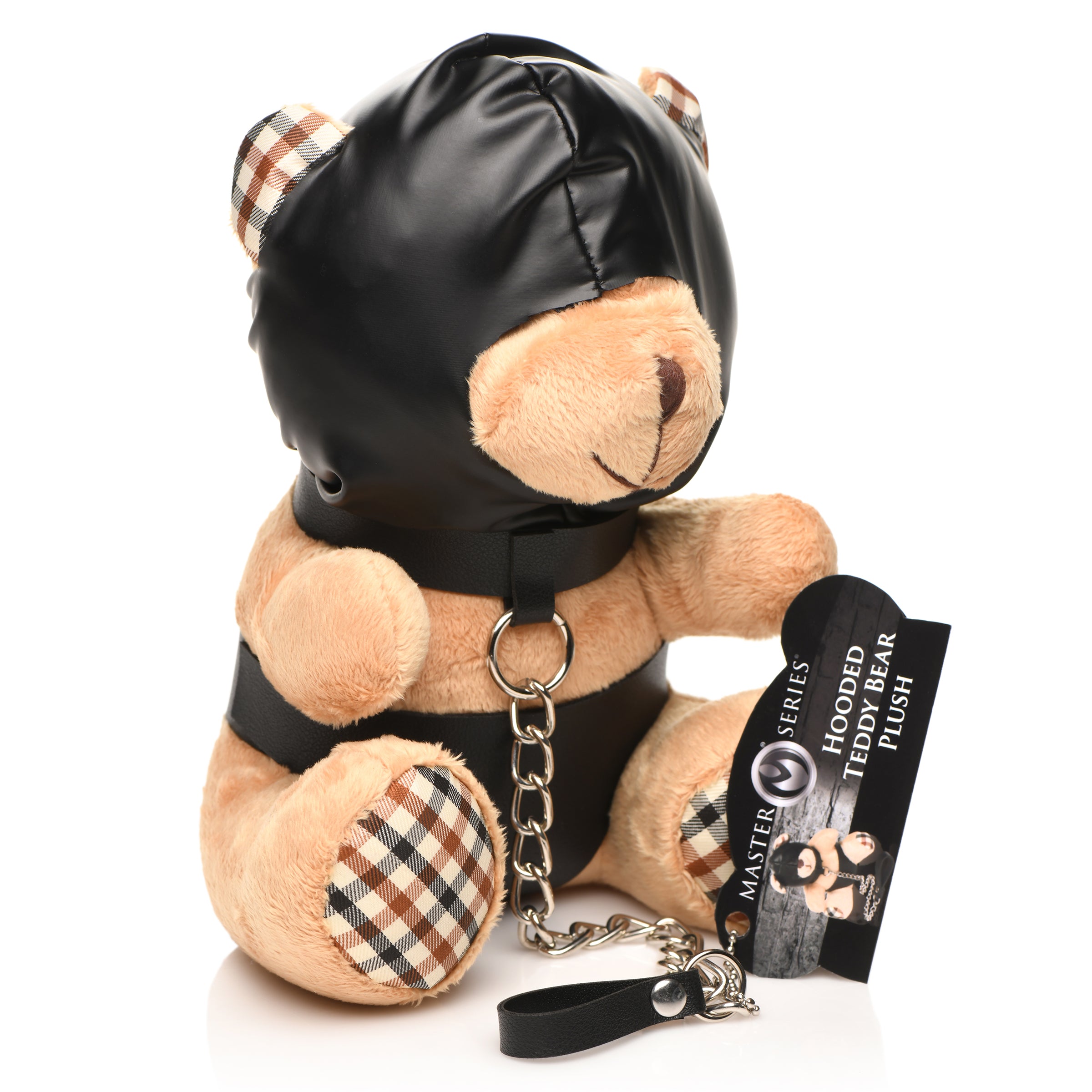 Hooded Teddy Bear Plush with light peach fur, dressed in PU leather panties and hood, featuring a metal chain leash.