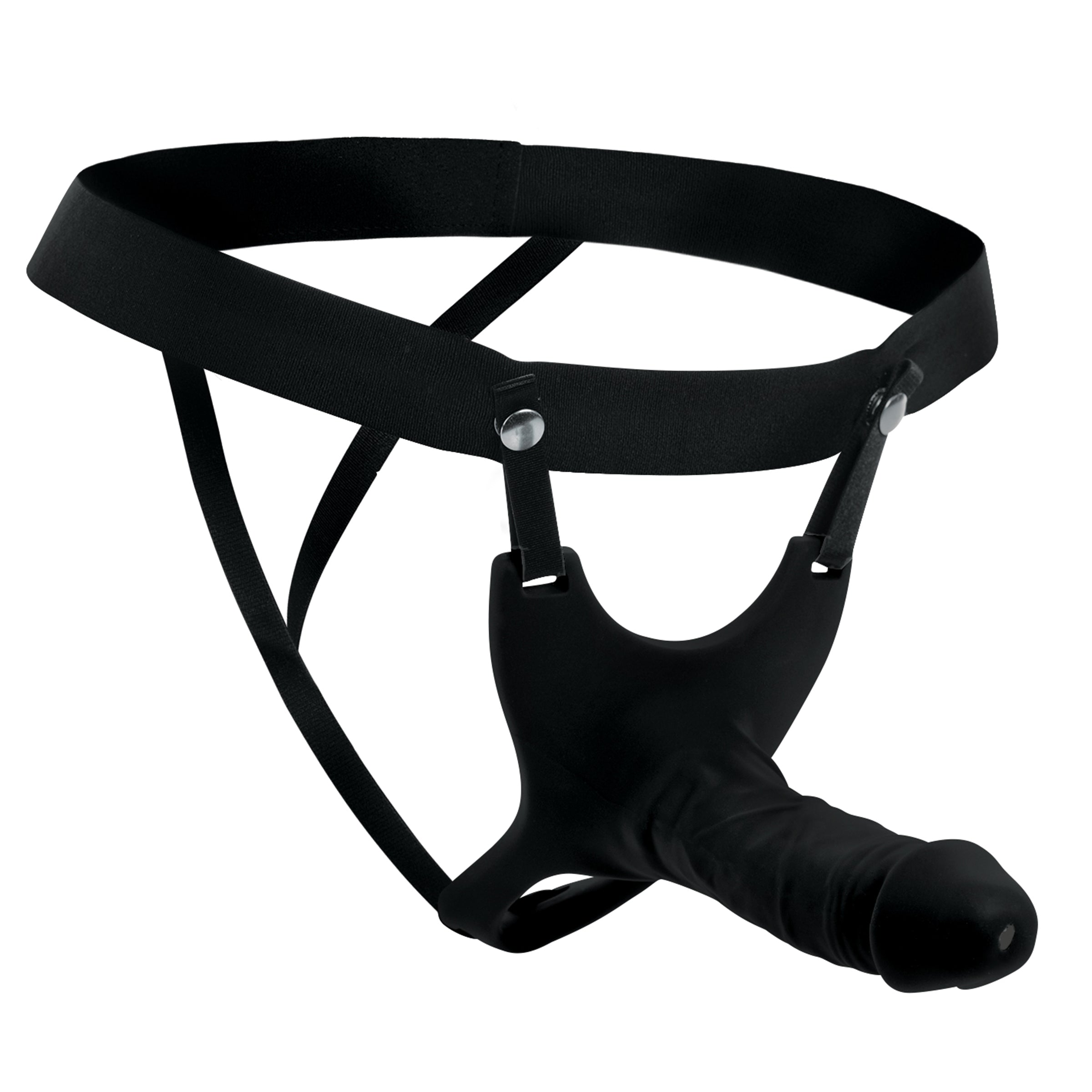 Hollow Silicone Dildo Strap-on in Black, showcasing its realistic design and comfortable harness.