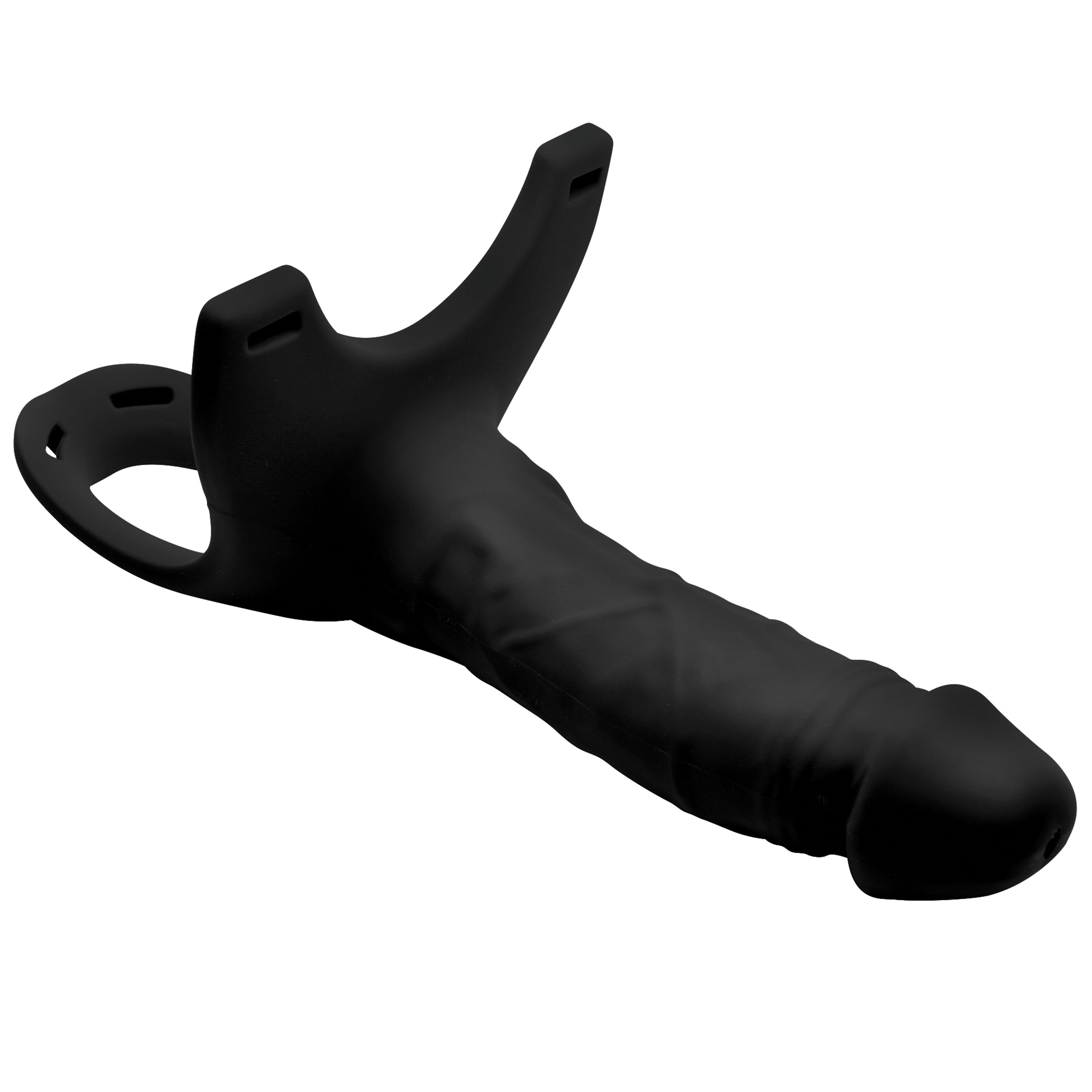 Hollow Silicone Dildo Strap-on in Black, showcasing its realistic design and comfortable harness.