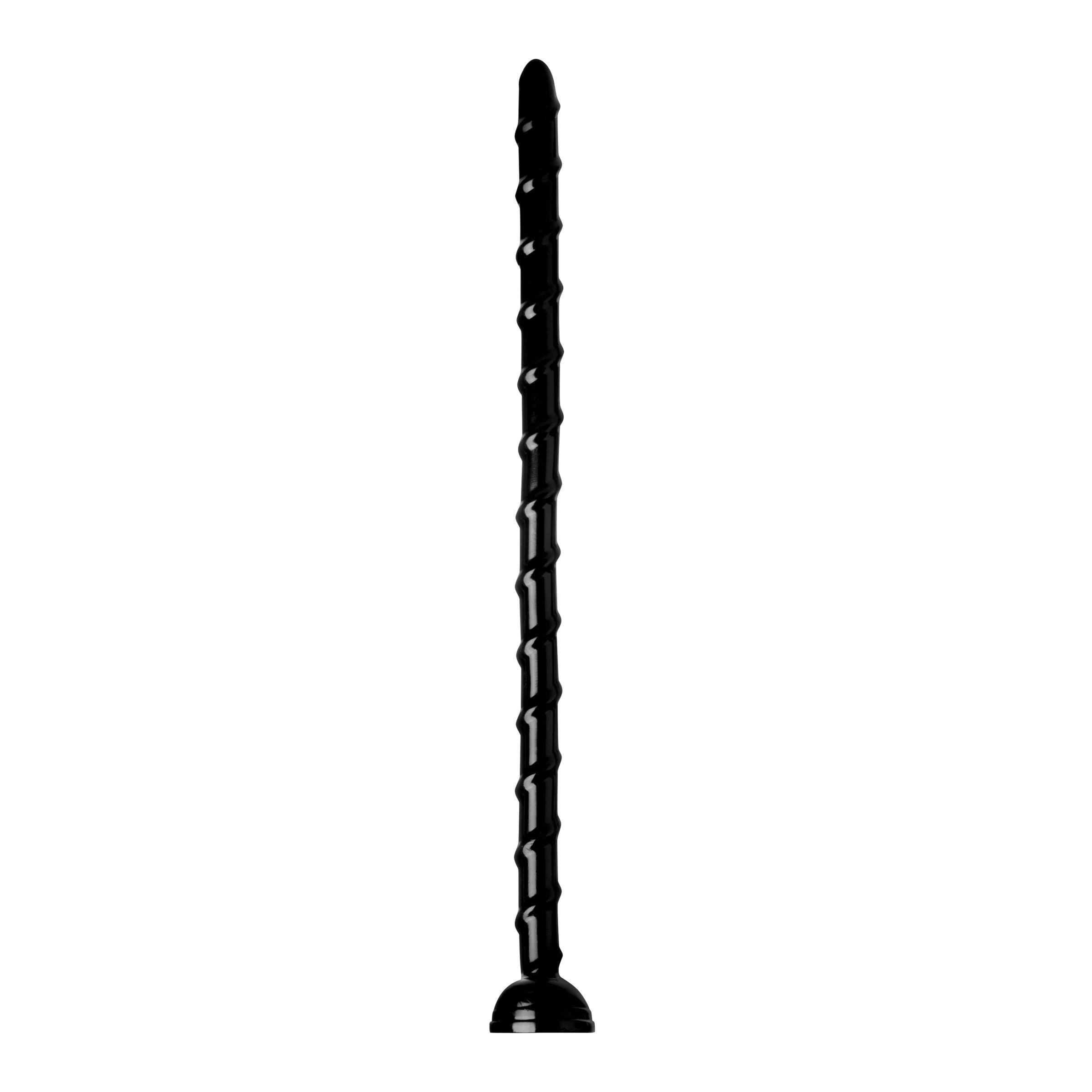 Hosed 18 Inch Swirl Thin Anal Snake, a long black anal probe with a swirled ridge and suction base for deep stimulation.