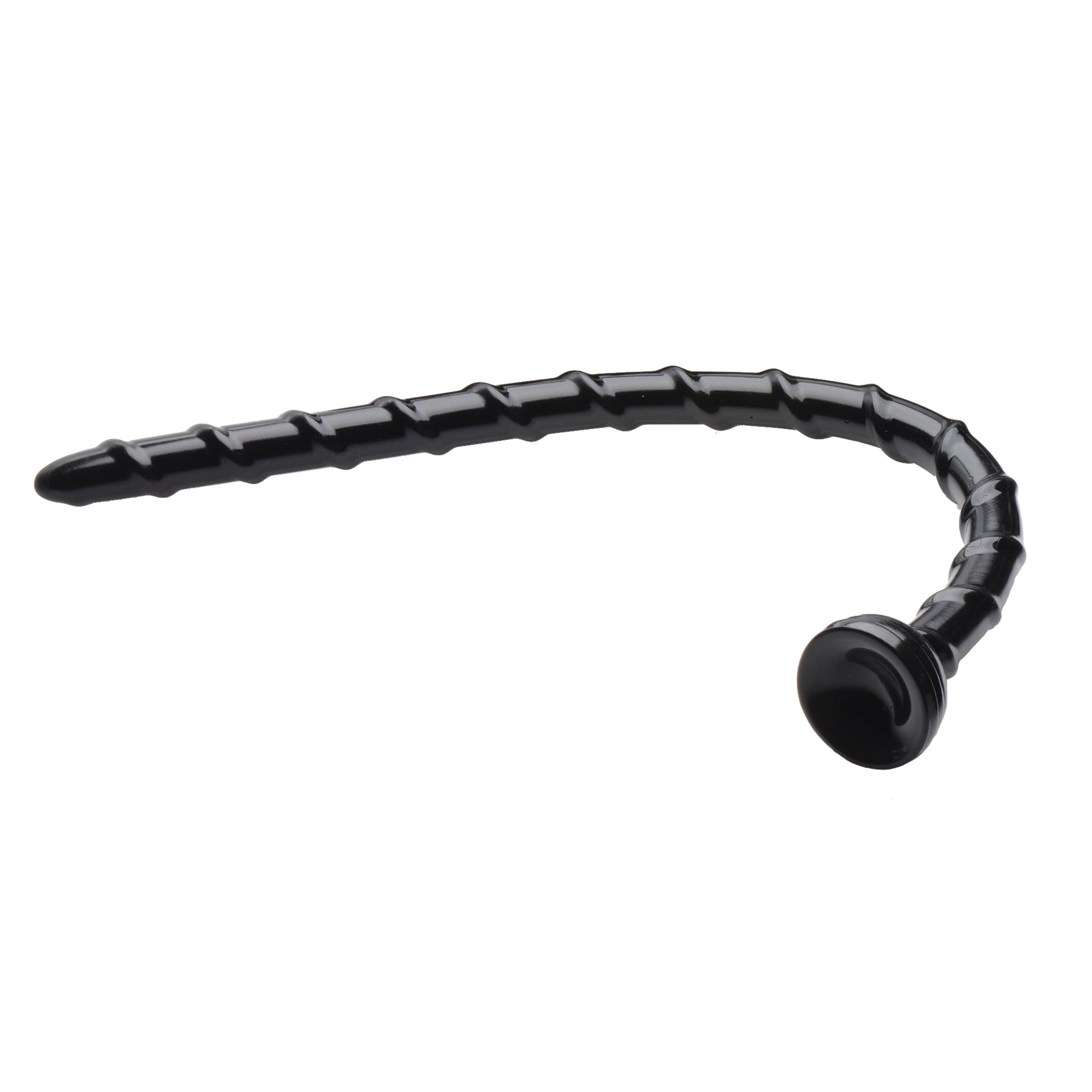 Hosed 18 Inch Swirl Thin Anal Snake, a long black anal probe with a swirled ridge and suction base for deep stimulation.