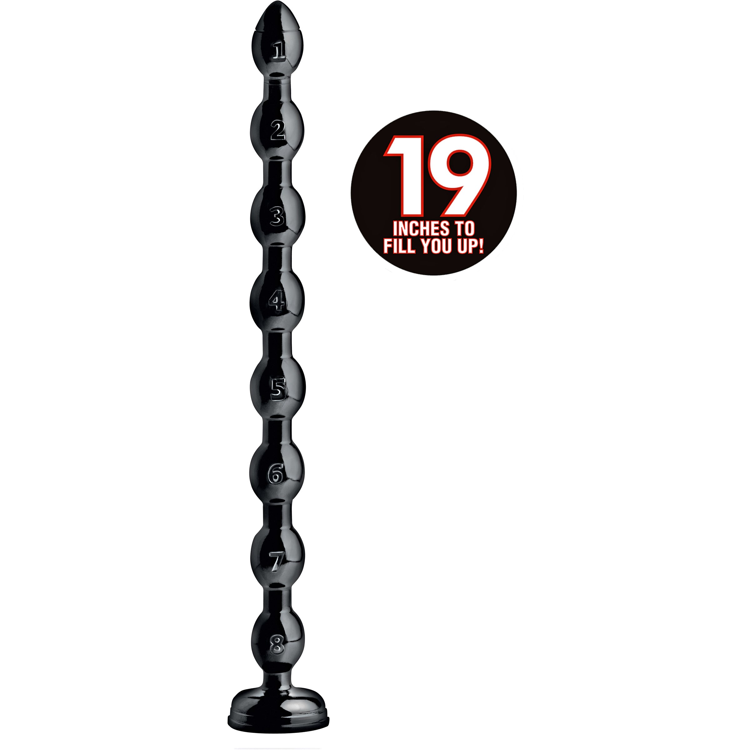 Hosed 19 Inch Beaded Anal Snake featuring eight swells, tapered design, and sleek black color, made from phthalate-free PVC material.