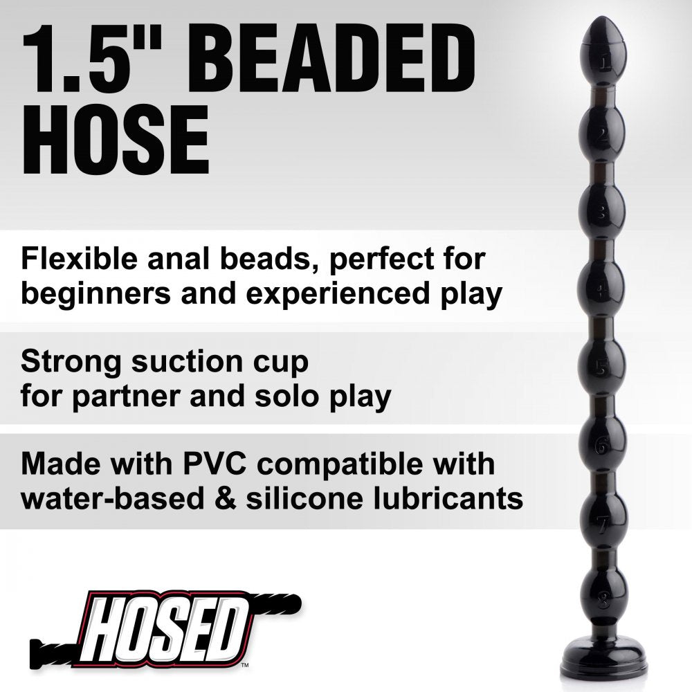 Hosed 19 Inch Beaded Anal Snake featuring eight swells, tapered design, and sleek black color, made from phthalate-free PVC material.