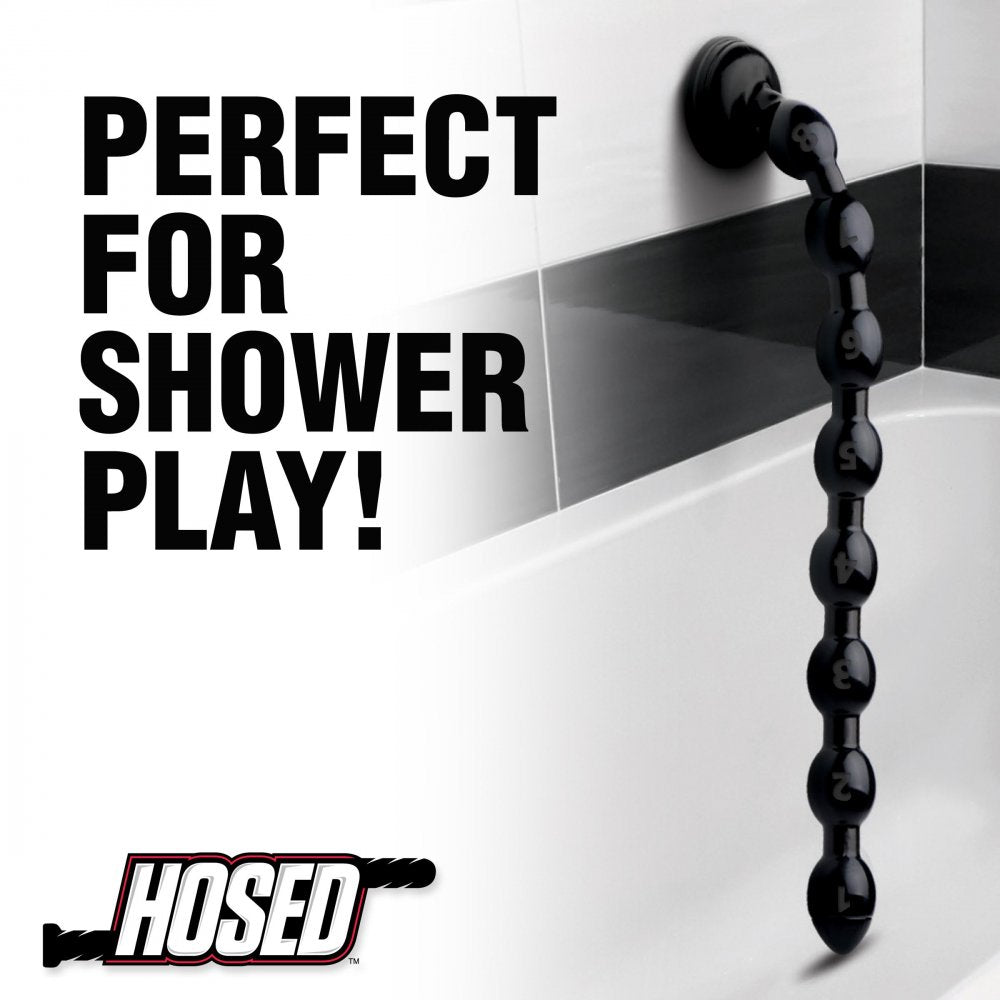 Hosed 19 Inch Beaded Anal Snake featuring eight swells, tapered design, and sleek black color, made from phthalate-free PVC material.