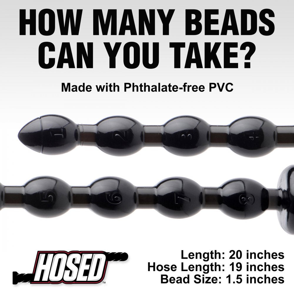 Hosed 19 Inch Beaded Anal Snake featuring eight swells, tapered design, and sleek black color, made from phthalate-free PVC material.