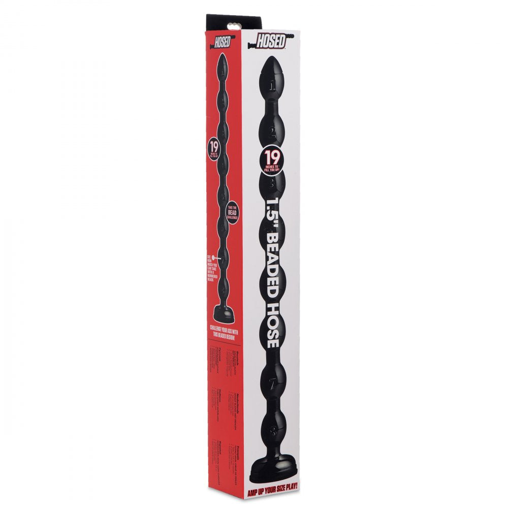 Hosed 19 Inch Beaded Anal Snake featuring eight swells, tapered design, and sleek black color, made from phthalate-free PVC material.