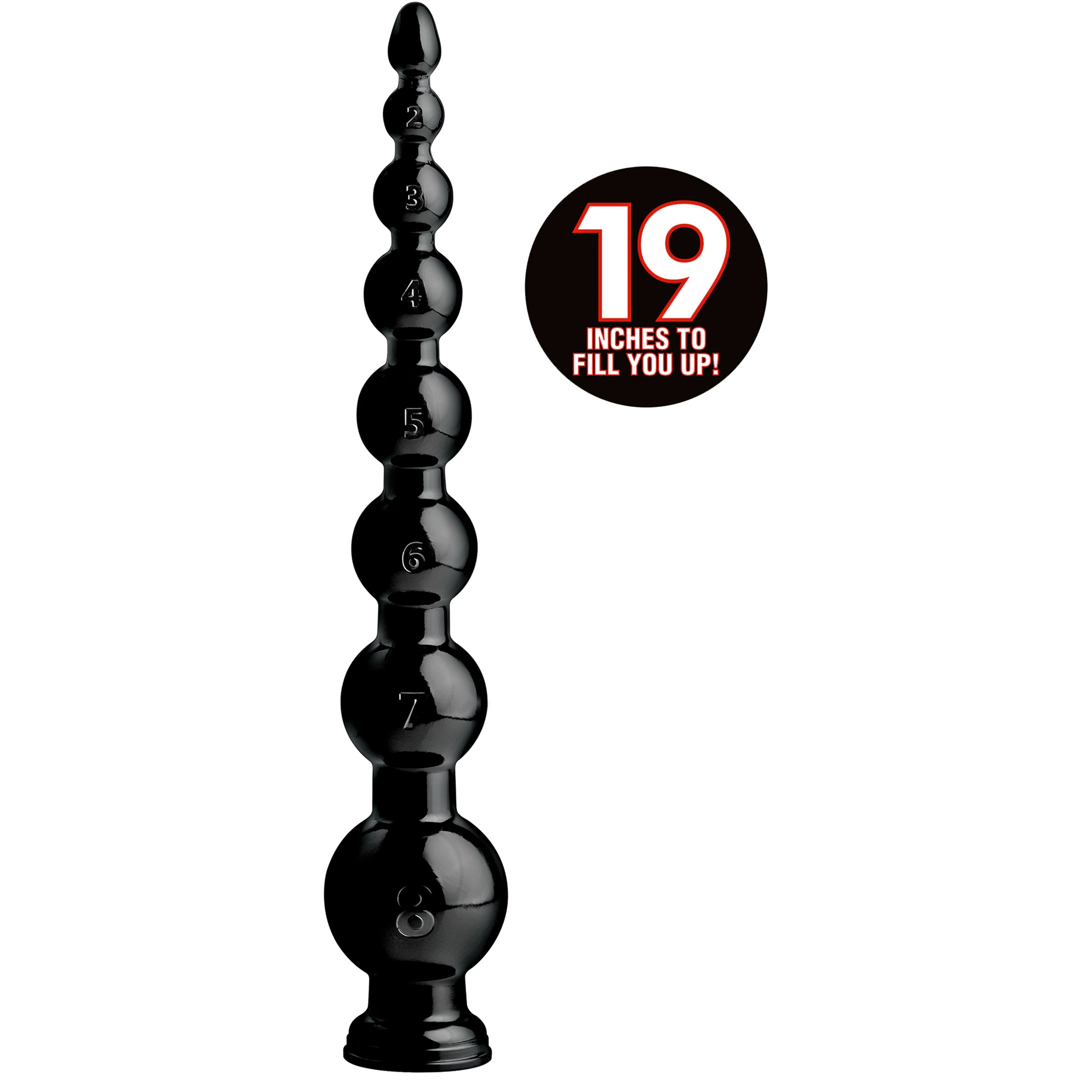 Hosed 19 Inch Graduated Bead Anal Snake featuring eight smooth bulbs for anal play, made of phthalate-free PVC in sleek black color.