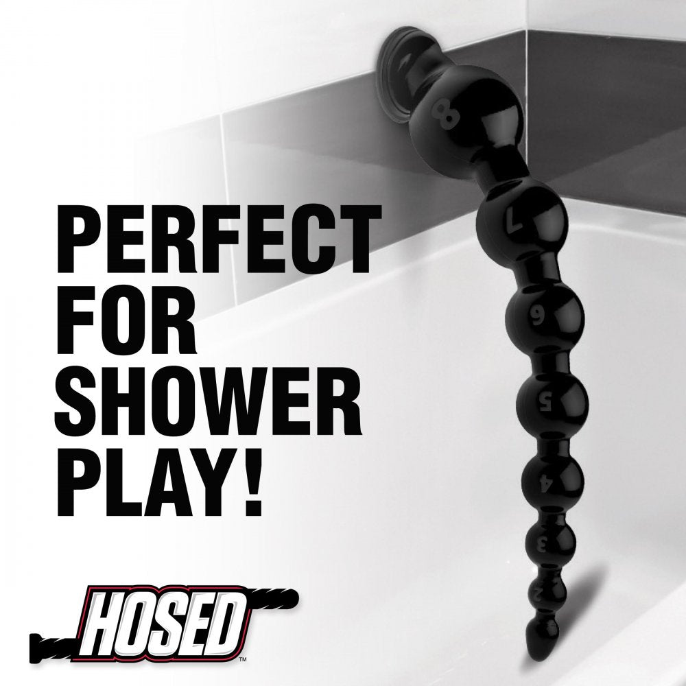 Hosed 19 Inch Graduated Bead Anal Snake featuring eight smooth bulbs for anal play, made of phthalate-free PVC in sleek black color.